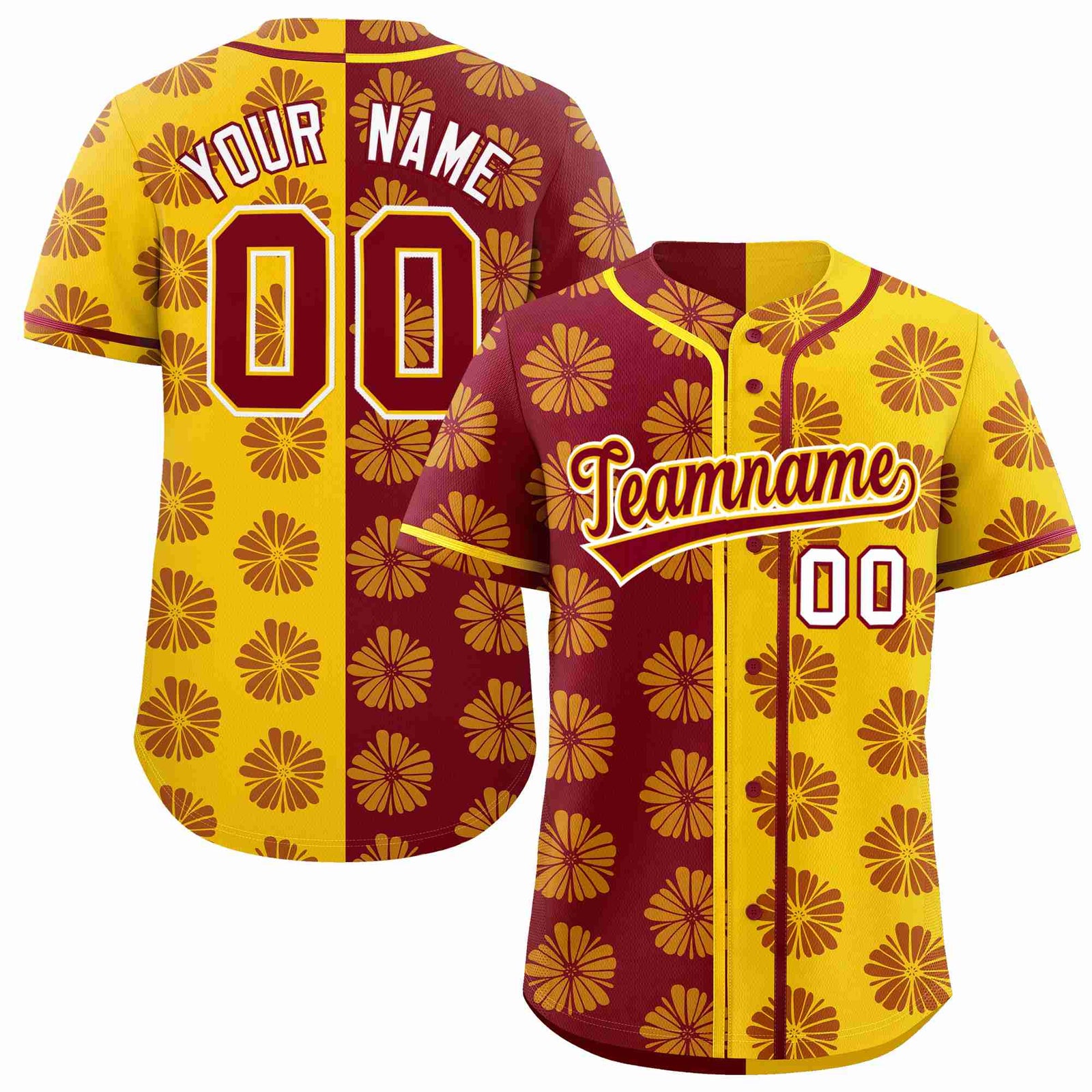 Custom Crimson Gold Split Fashion Flower Graffiti Pattern Authentic Baseball Jersey