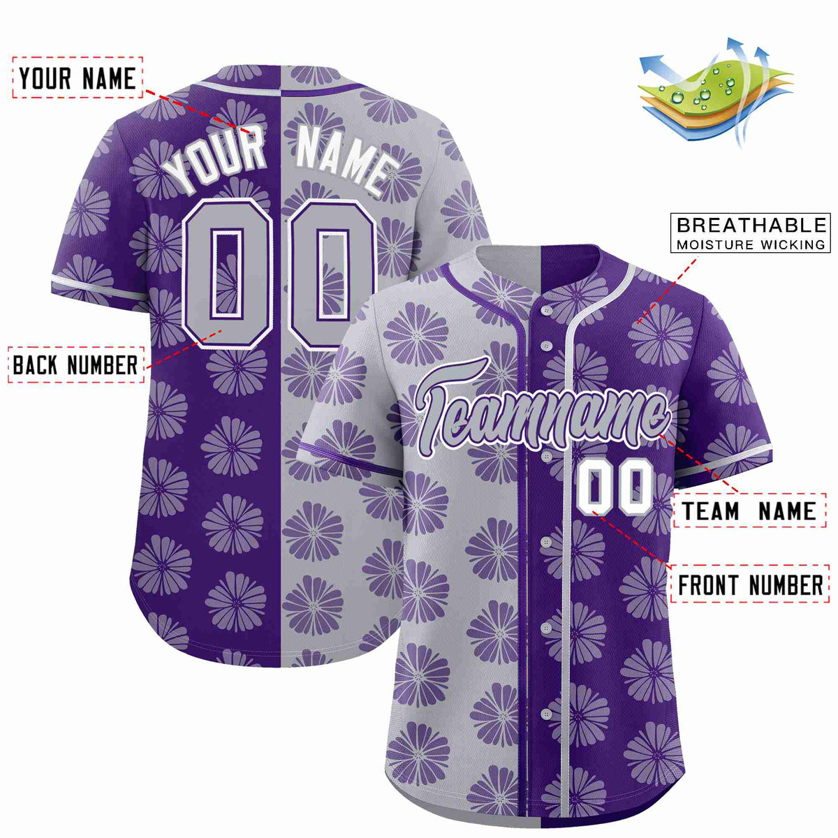 Custom Light Gray Purple Split Fashion Flower Graffiti Pattern Authentic Baseball Jersey