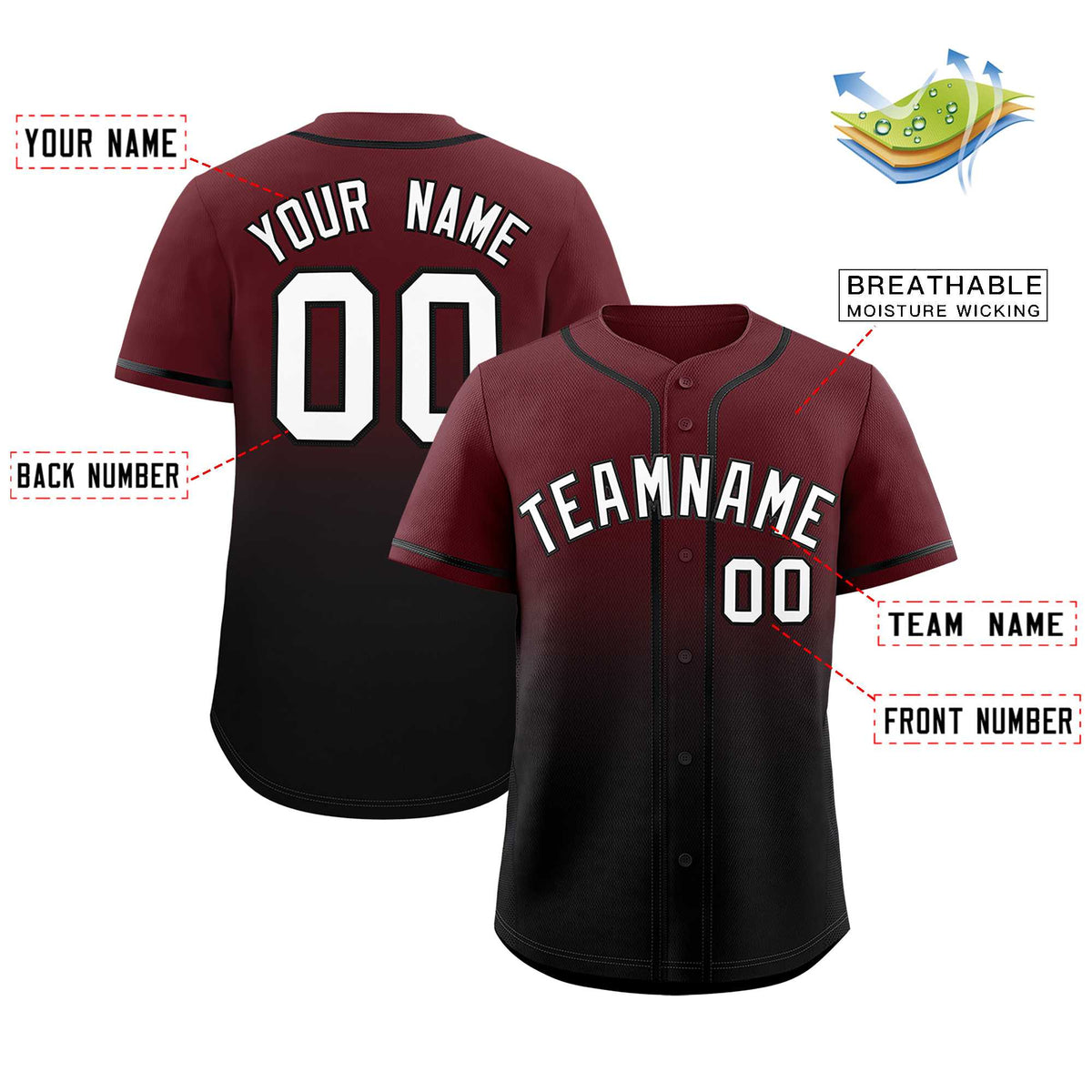 Custom Burgundy Black Gradient Fashion Authentic Baseball Jersey