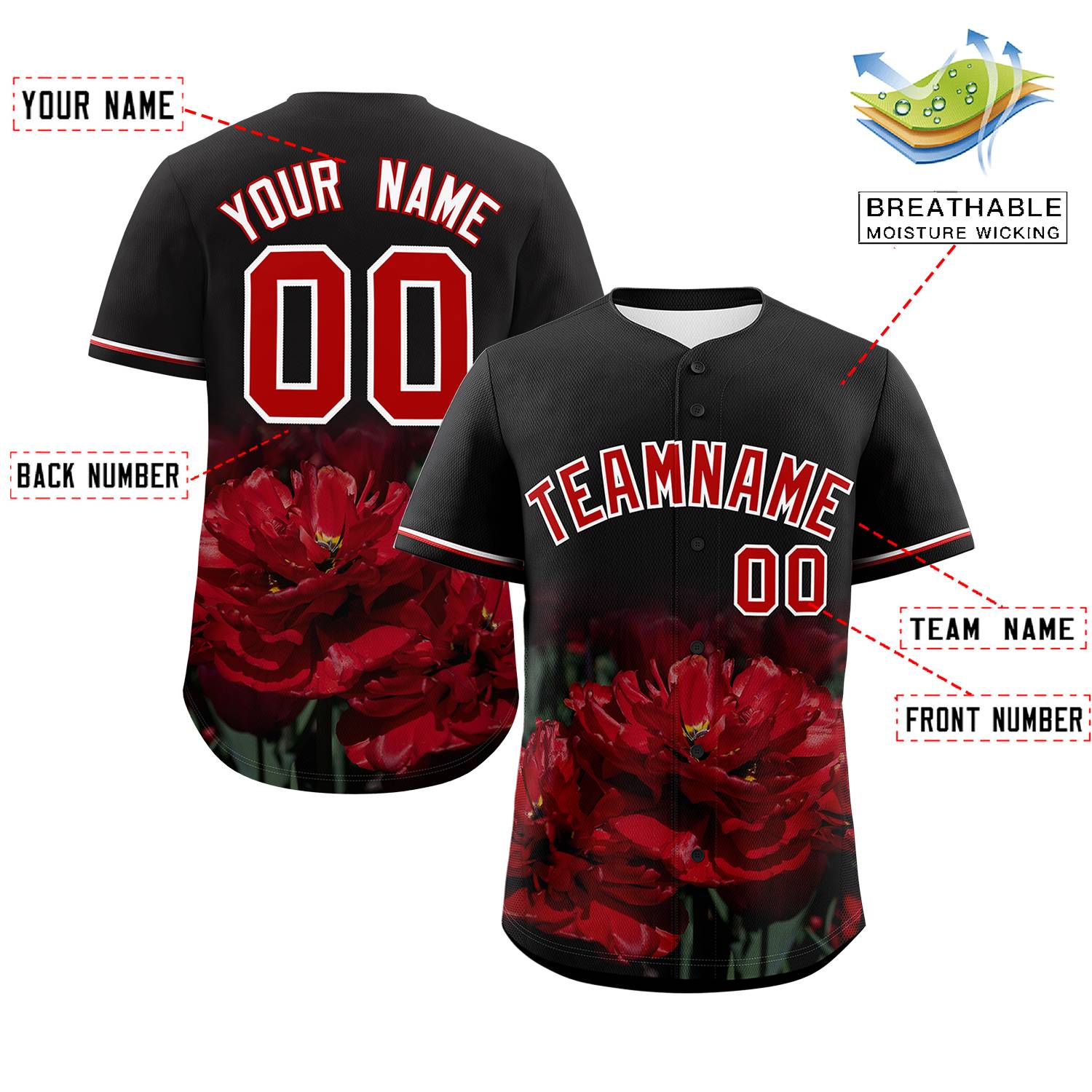 Custom Black Personalized 3D Flower Design Authentic Baseball Jersey