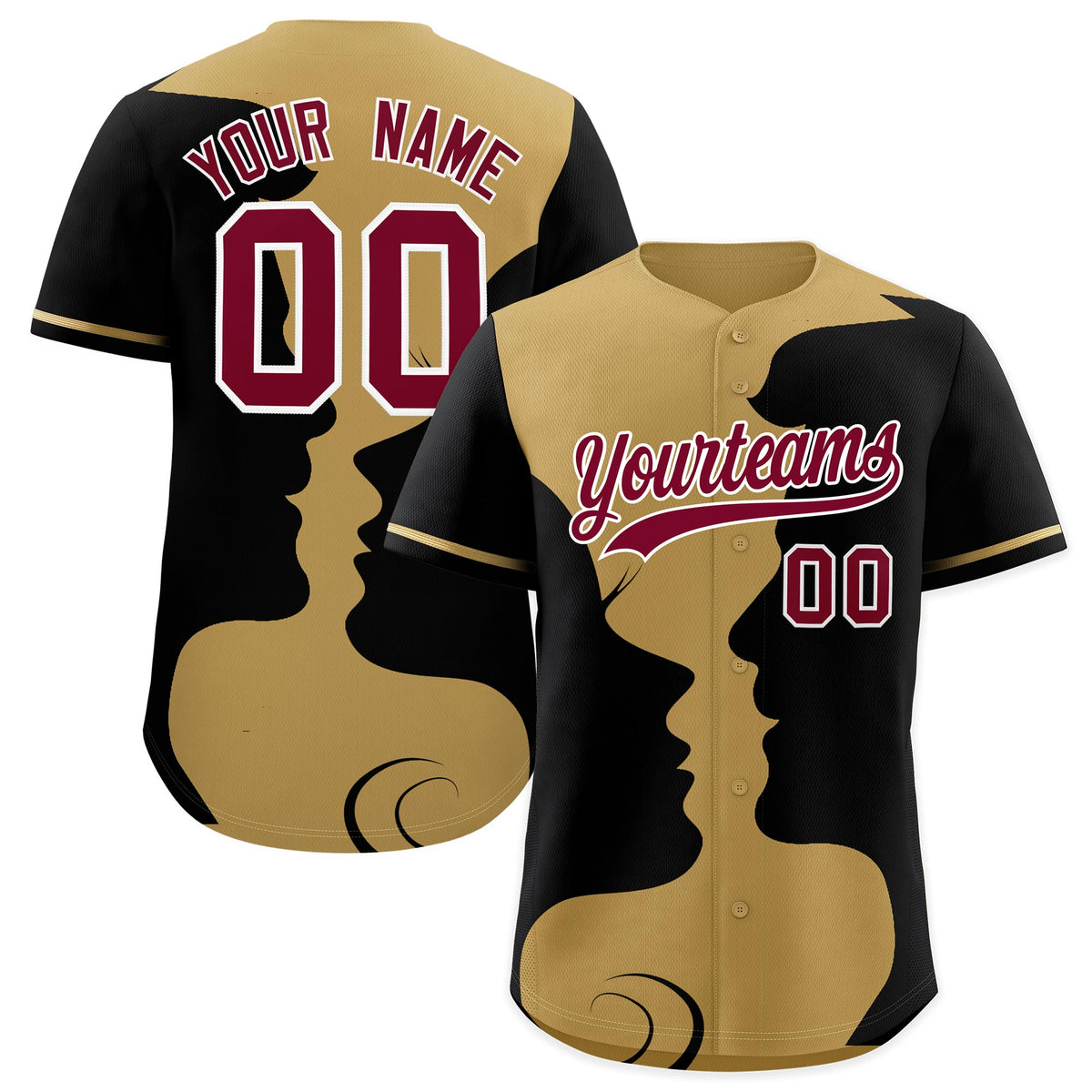 Custom Old Gold Black Silhouettes of Loving Couple Valentine's Day Baseball Jersey| KXKSHOP