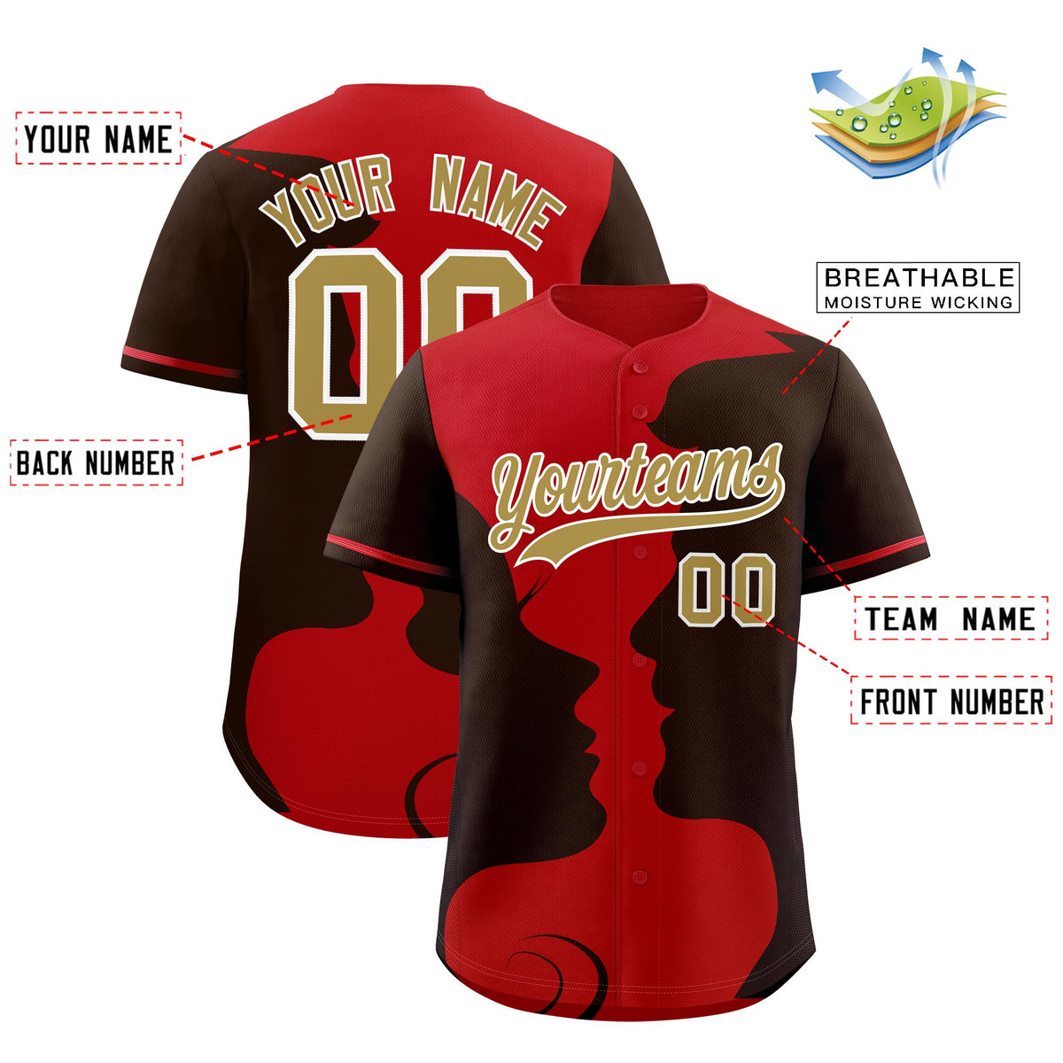 Custom Red Brown Silhouettes of Loving Couple Valentine's Day Baseball Jersey| KXKSHOP