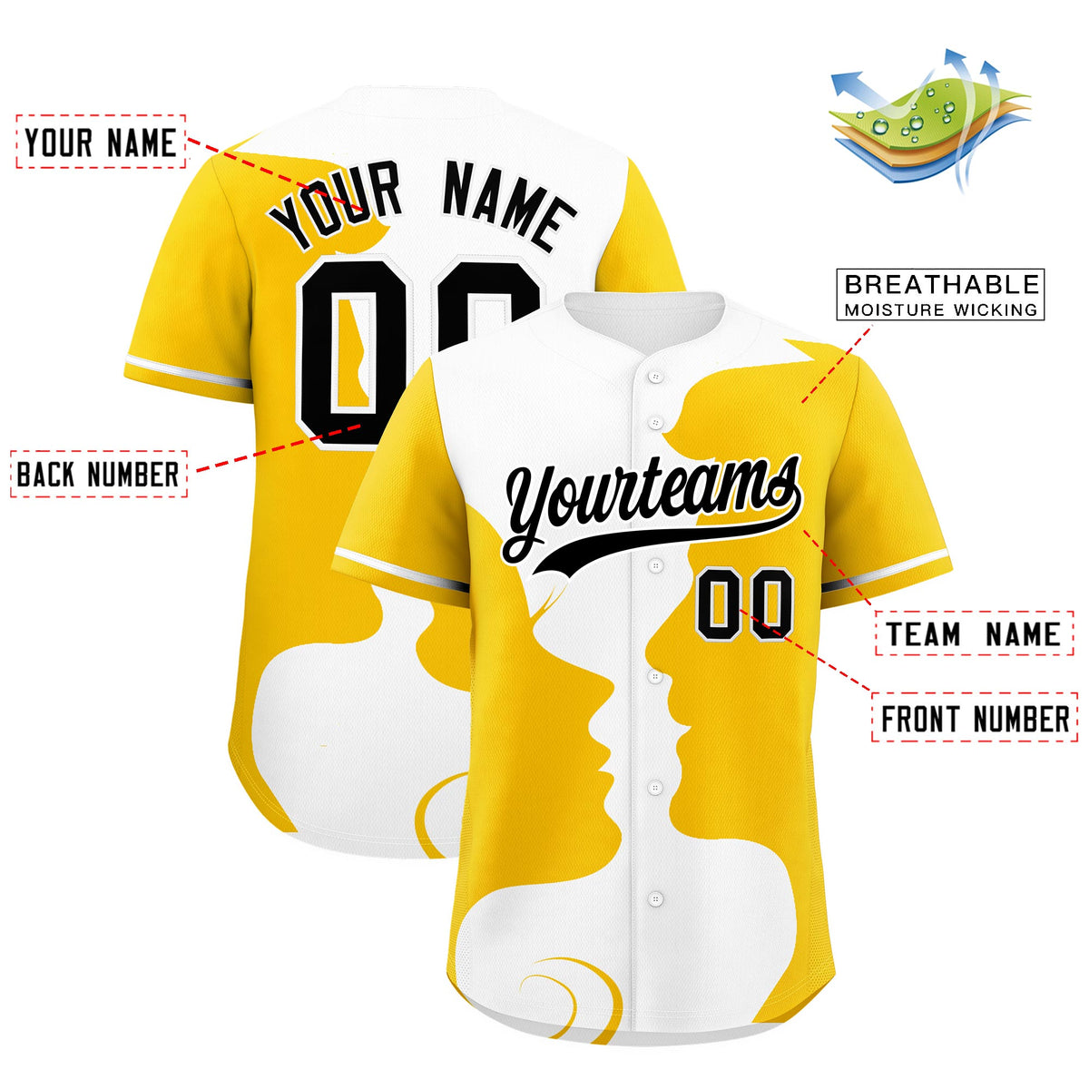 Custom White Gold Silhouettes of Loving Couple Valentine's Day Baseball Jersey| KXKSHOP