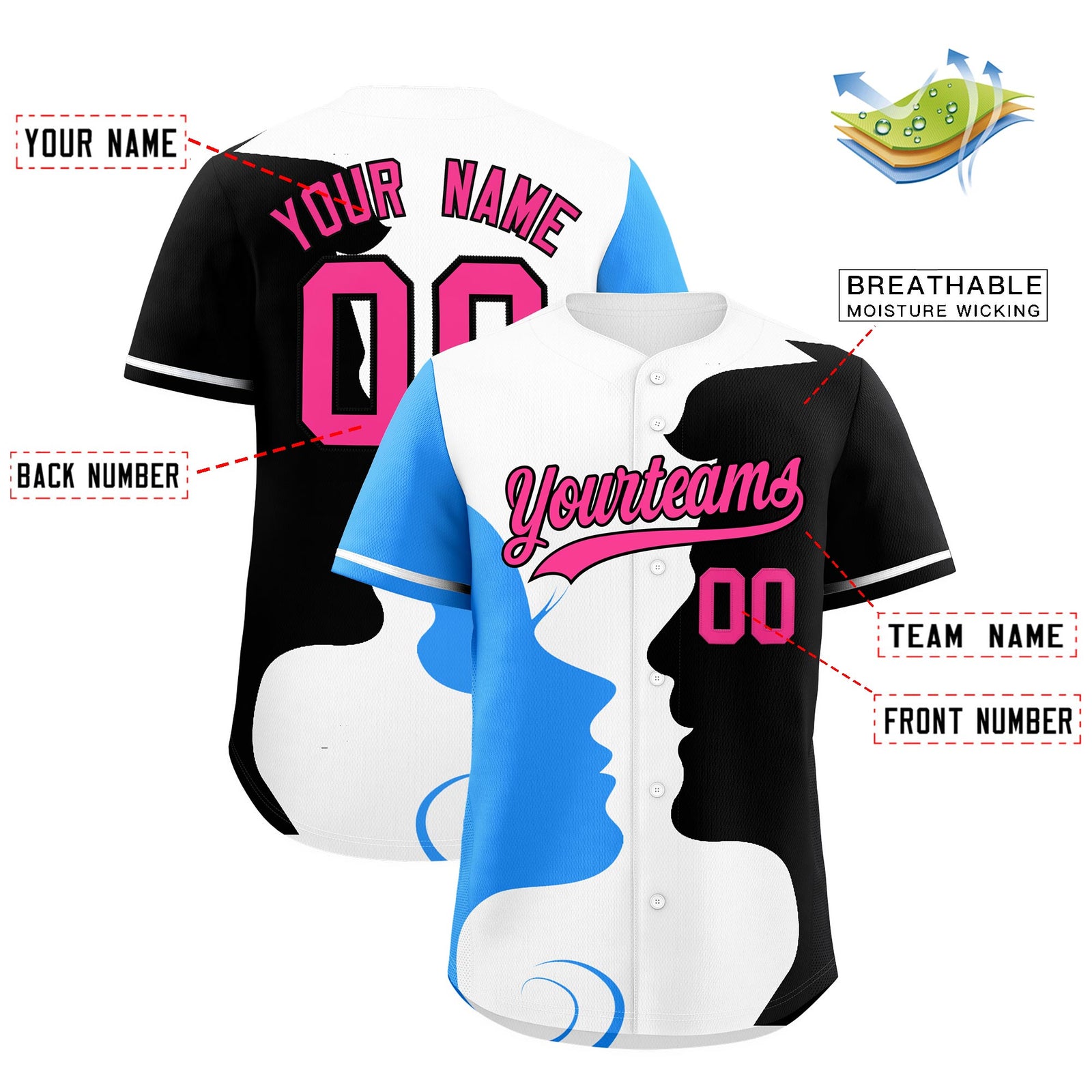 Custom White Powder Blue Navy Silhouettes of Loving Couple Valentine's Day Baseball Jersey| KXKSHOP