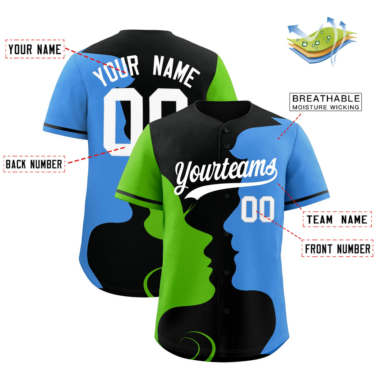 Custom Black Green Powder Blue Silhouettes of Loving Couple Valentine's Day Baseball Jersey| KXKSHOP