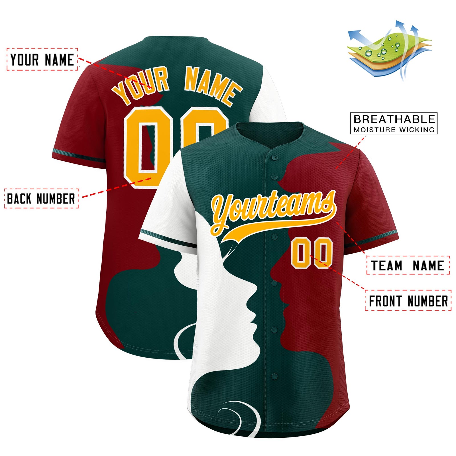 Custom Teal White Crimson Silhouettes of Loving Couple Valentine's Day Baseball Jersey| KXKSHOP