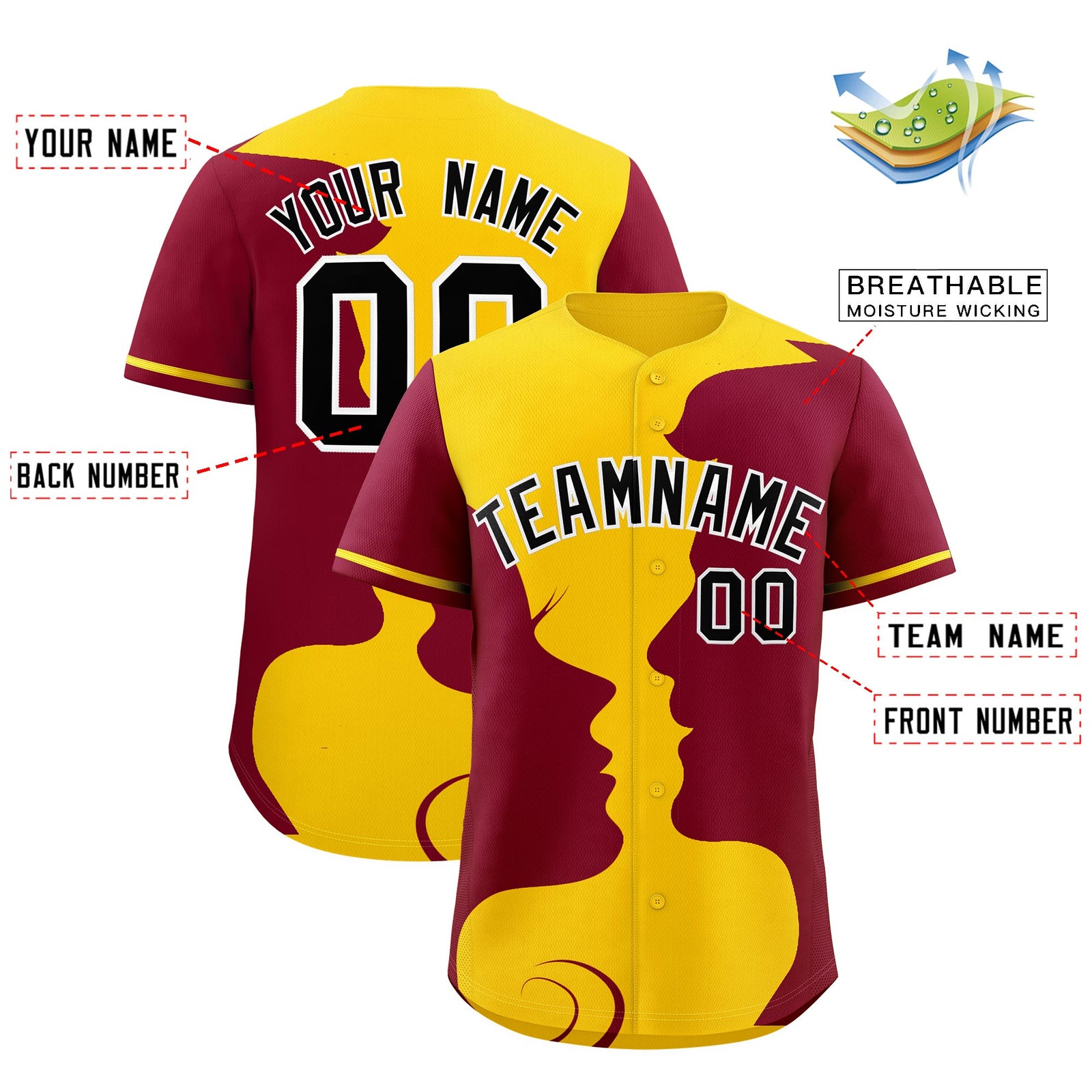 Custom Gold Crimson Silhouettes of Loving Couple Valentine's Day Baseball Jersey| KXKSHOP