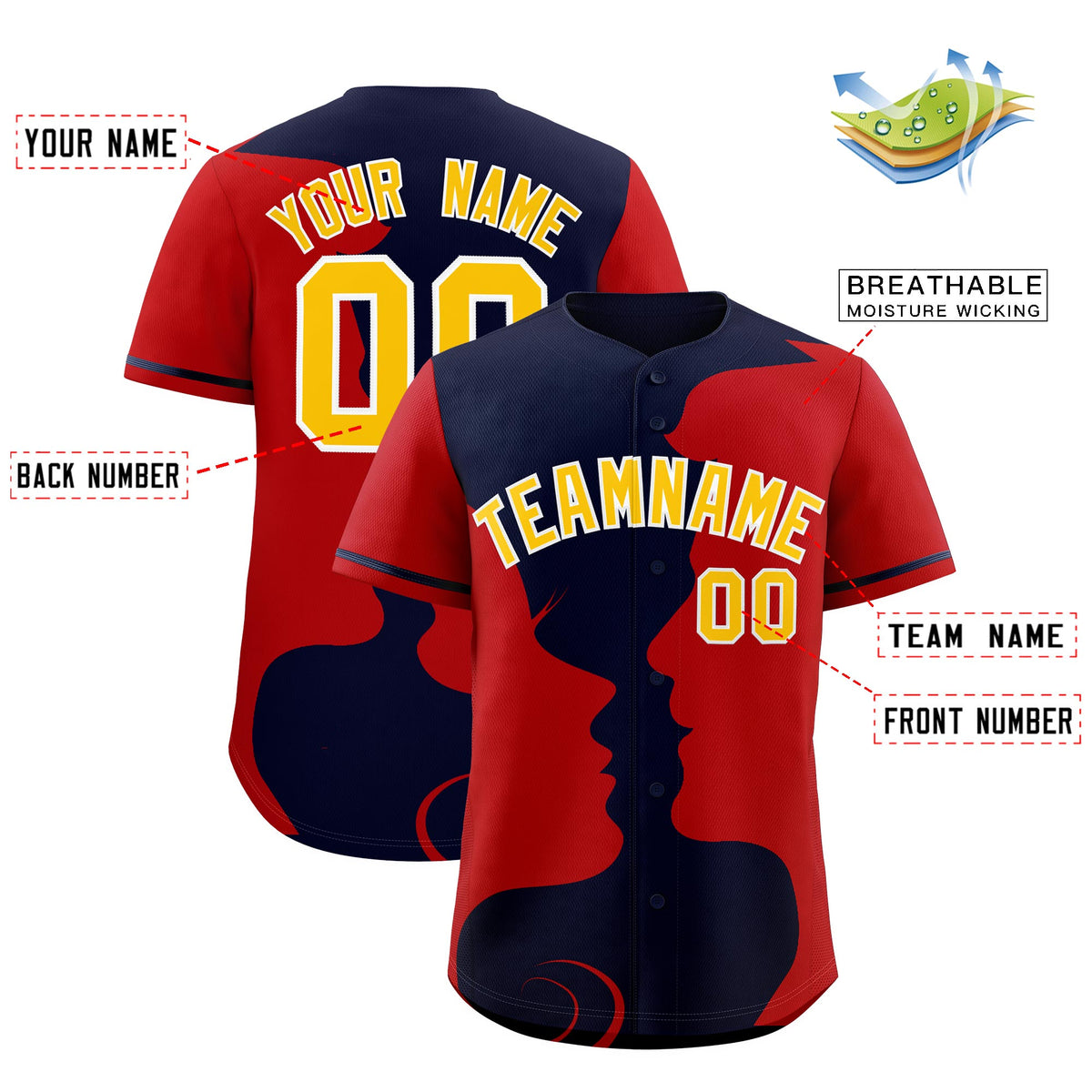 Custom Navy Red Silhouettes of Loving Couple Valentine's Day Baseball Jersey| KXKSHOP