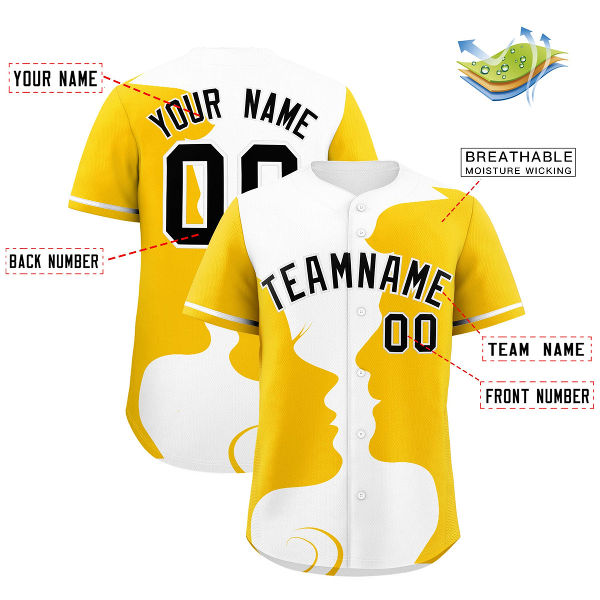 Custom White Gold Silhouettes of Loving Couple Valentine's Day Baseball Jersey| KXKSHOP