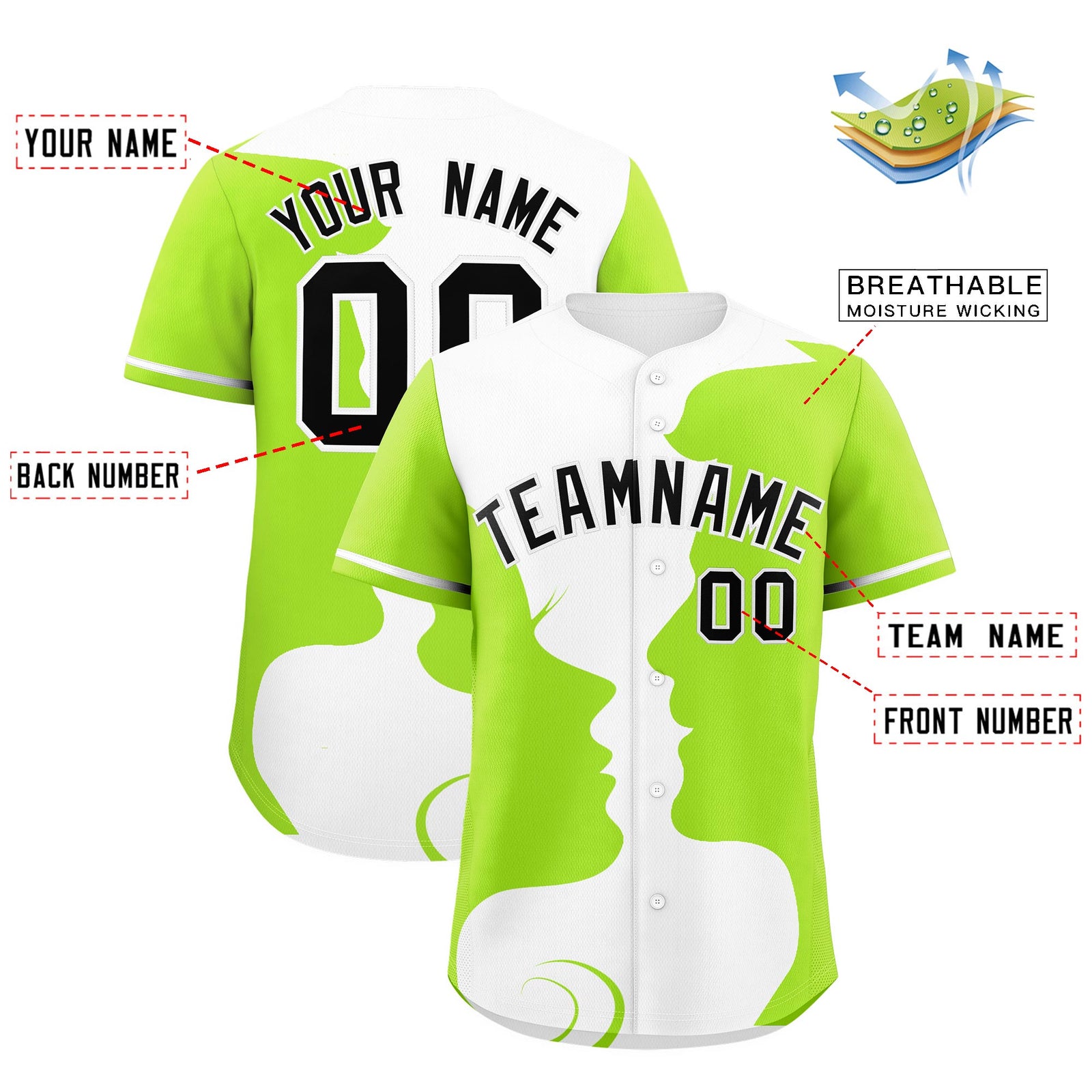 Custom White Neon Green Silhouettes of Loving Couple Valentine's Day Baseball Jersey| KXKSHOP