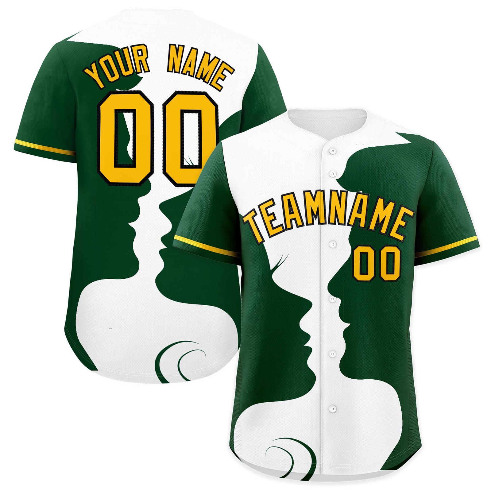Custom Gold Green White Silhouettes of Loving Couple Valentine's Day Baseball Jersey| KXKSHOP