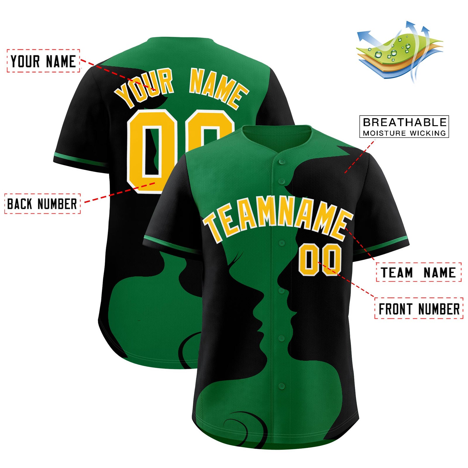 Custom Kelly Green Black Silhouettes of Loving Couple Valentine's Day Baseball Jersey| KXKSHOP