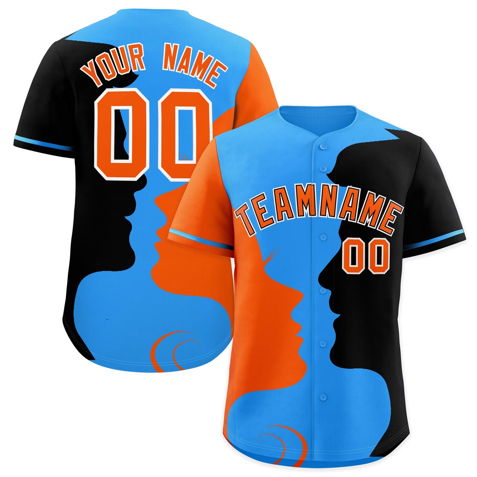 Custom Powder Blue Orange Black Silhouettes of Loving Couple Valentine's Day Baseball Jersey| KXKSHOP