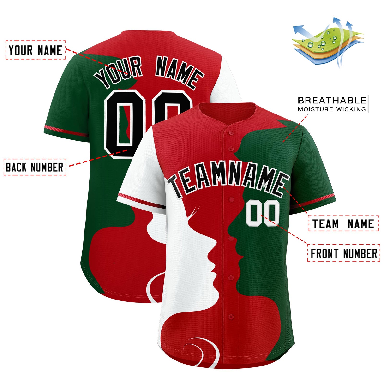 Custom Red White Green Silhouettes of Loving Couple Valentine's Day Baseball Jersey| KXKSHOP