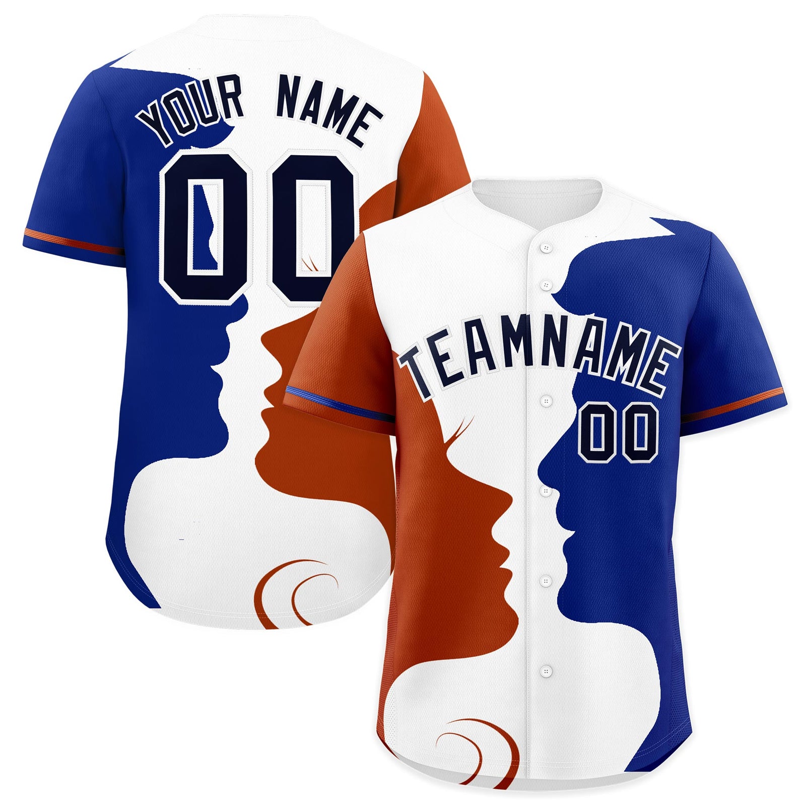 Custom Royal Dark Orange White Silhouettes of Loving Couple Valentine's Day Baseball Jersey| KXKSHOP