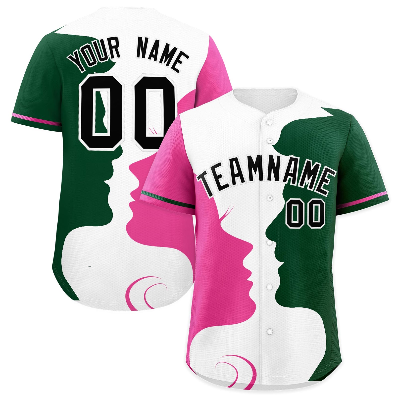 Custom Green Pink White Silhouettes of Loving Couple Valentine's Day Baseball Jersey| KXKSHOP