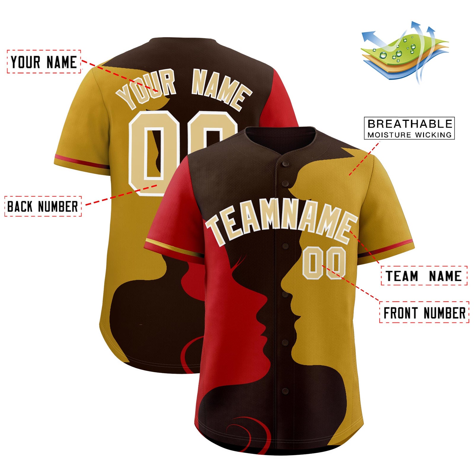 Custom Red Old Gold Silhouettes of Loving Couple Valentine's Day Baseball Jersey| KXKSHOP