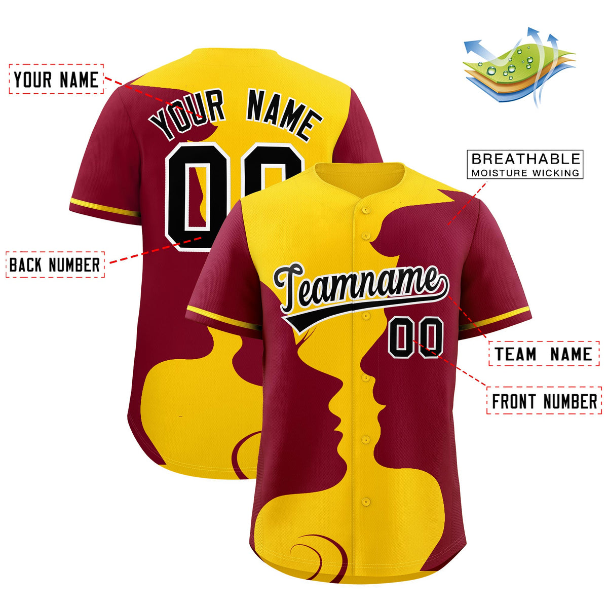 Custom Gold Crimson Silhouettes of Loving Couple Valentine's Day Baseball Jersey| KXKSHOP
