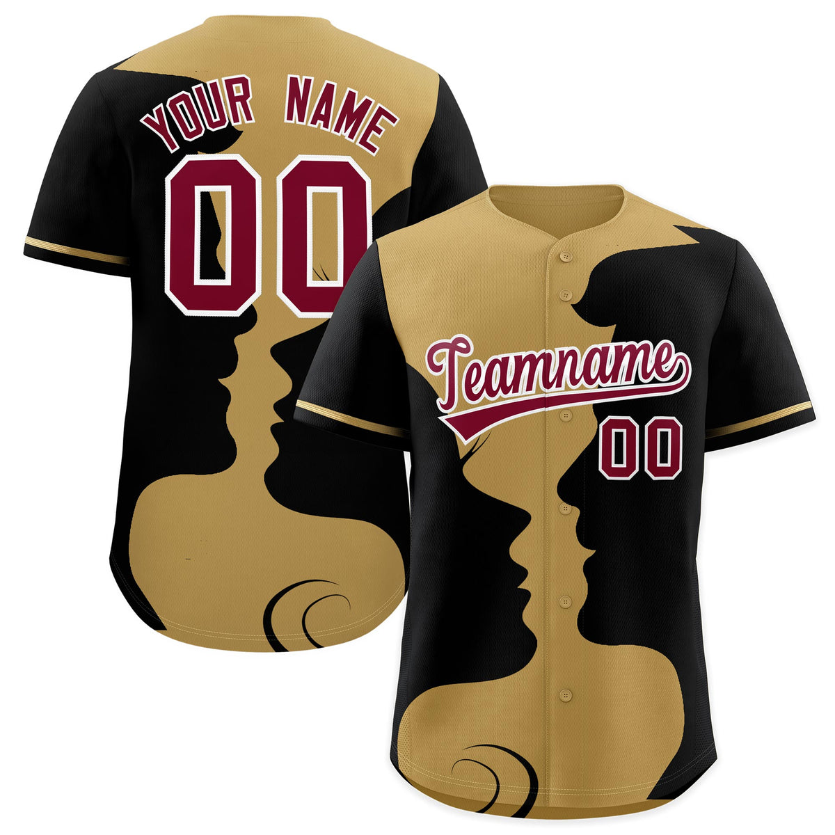 Custom Old Gold Black Silhouettes of Loving Couple Valentine's Day Baseball Jersey| KXKSHOP