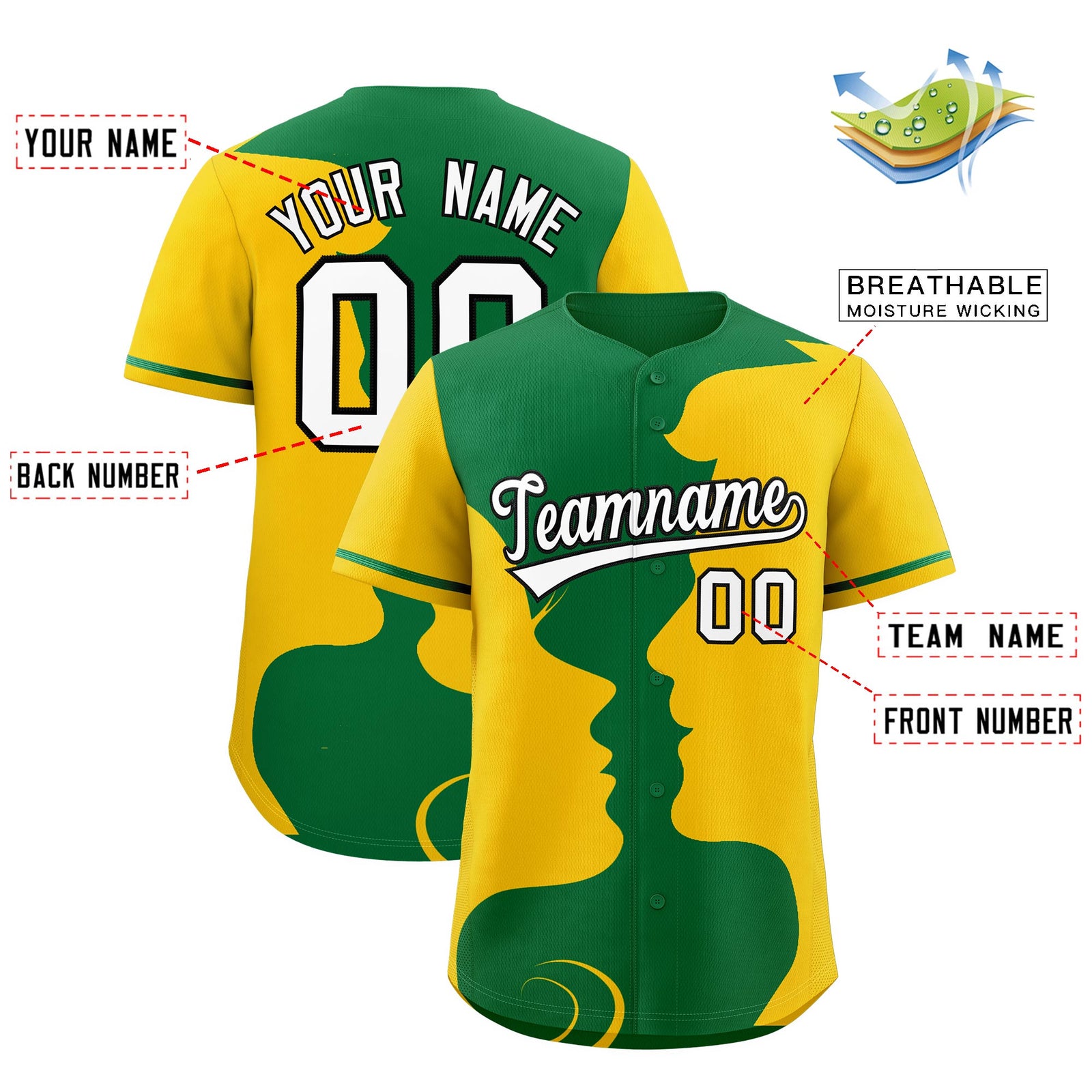 Custom Kelly Green Gold Silhouettes of Loving Couple Valentine's Day Baseball Jersey| KXKSHOP
