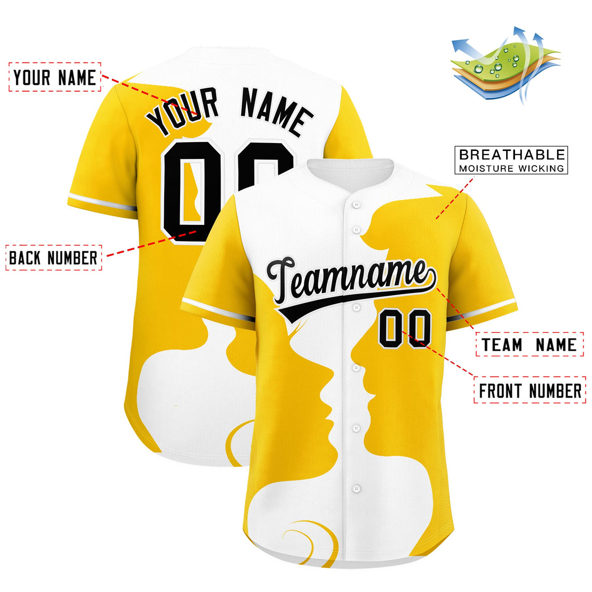 Custom White Gold Silhouettes of Loving Couple Valentine's Day Baseball Jersey| KXKSHOP
