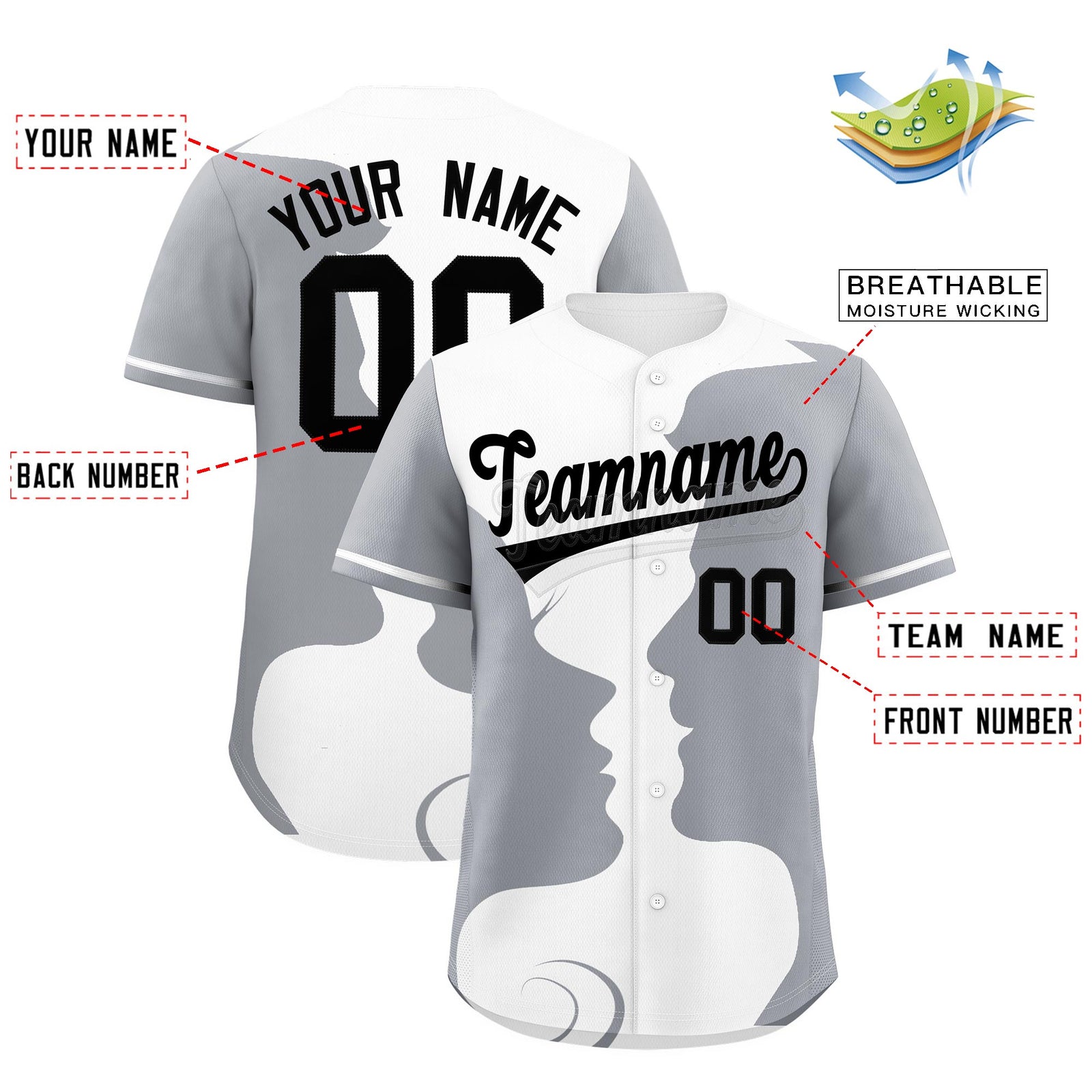 Custom White Gray Silhouettes of Loving Couple Valentine's Day Baseball Jersey| KXKSHOP