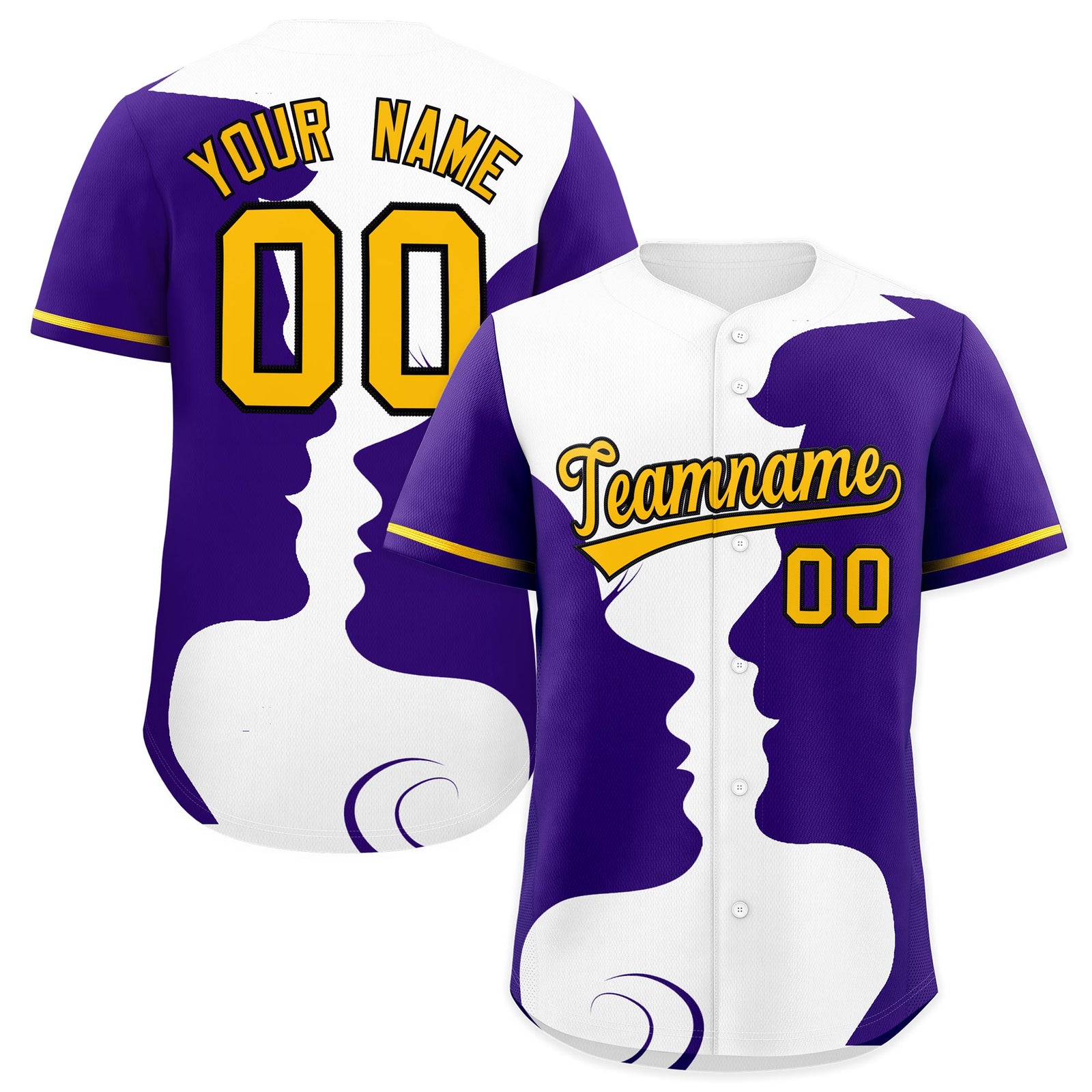 Custom Gold Purple White Silhouettes of Loving Couple Valentine's Day Baseball Jersey| KXKSHOP