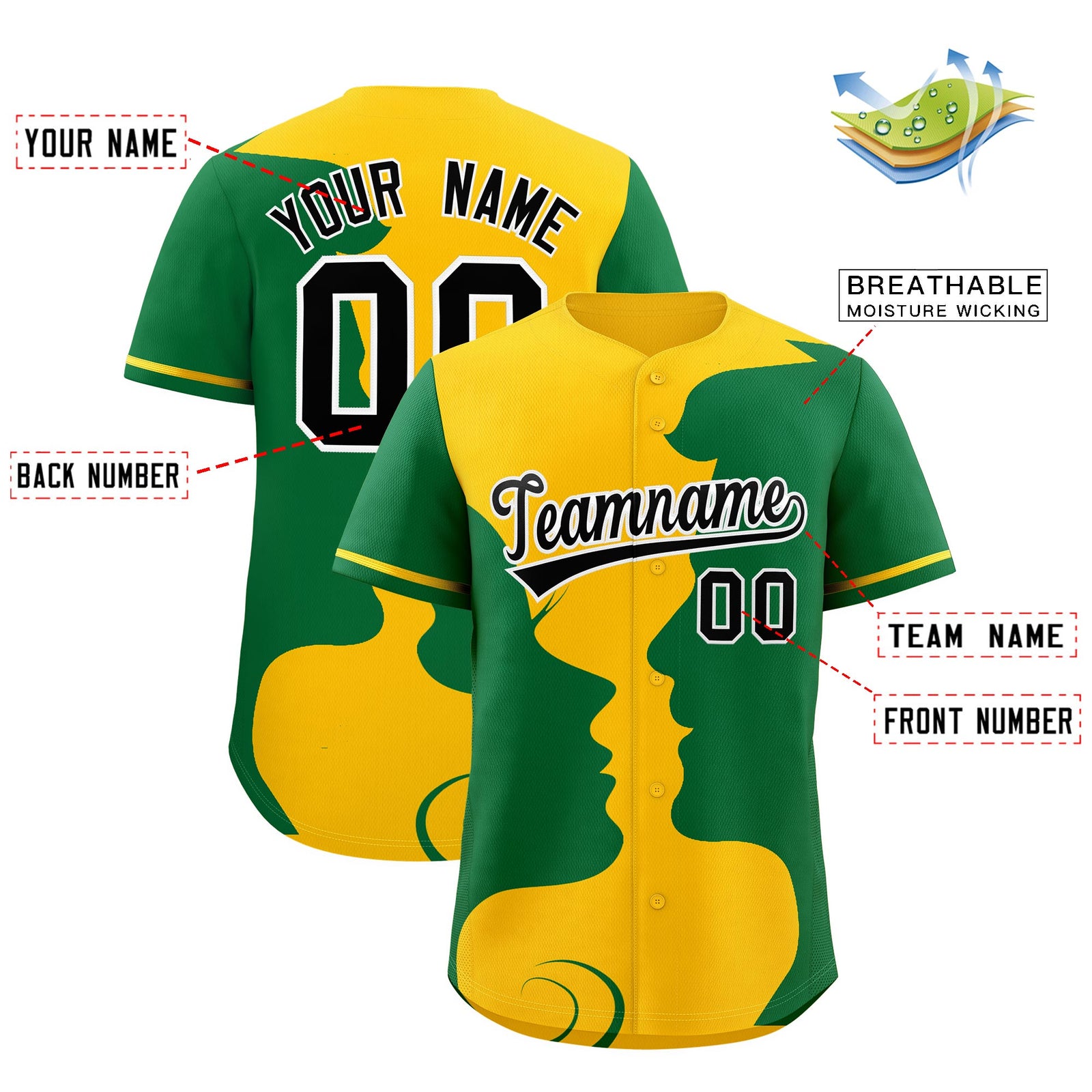 Custom Gold Kelly Green Silhouettes of Loving Couple Valentine's Day Baseball Jersey| KXKSHOP