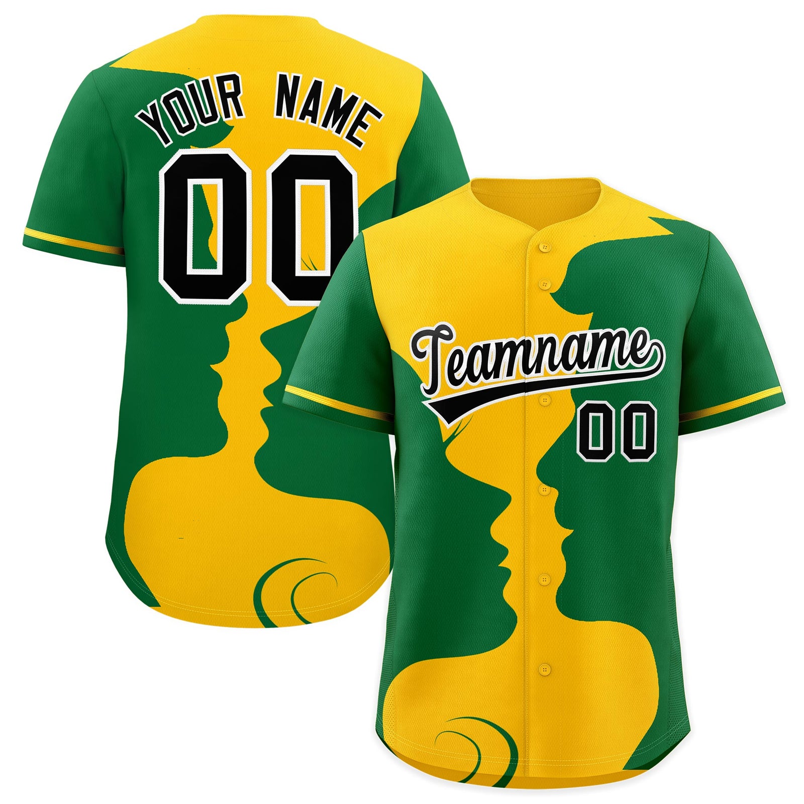 Custom Gold Kelly Green Silhouettes of Loving Couple Valentine's Day Baseball Jersey| KXKSHOP