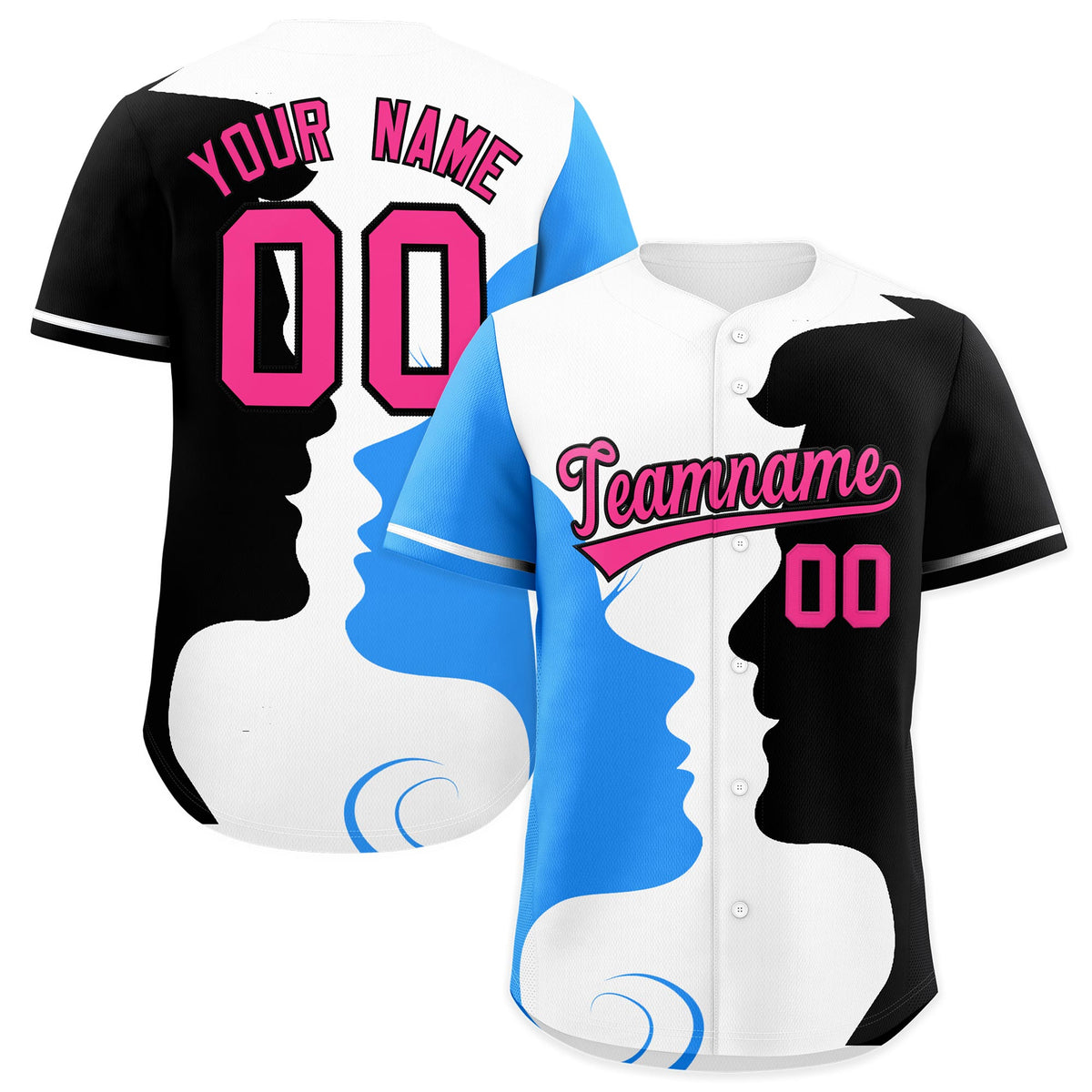 Custom White Powder Blue Navy Silhouettes of Loving Couple Valentine's Day Baseball Jersey| KXKSHOP