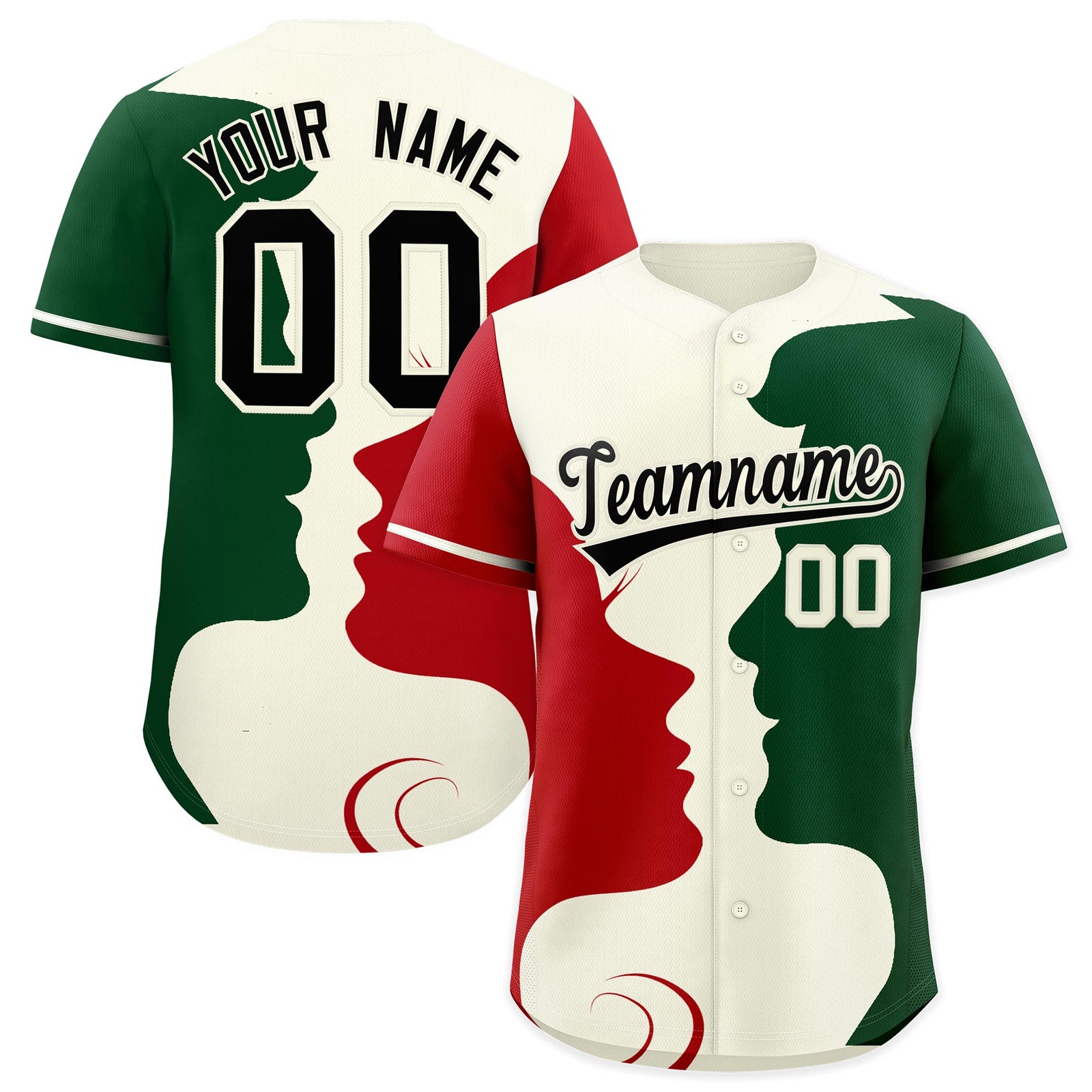 Custom Cream Red Green Silhouettes of Loving Couple Valentine's Day Baseball Jersey| KXKSHOP