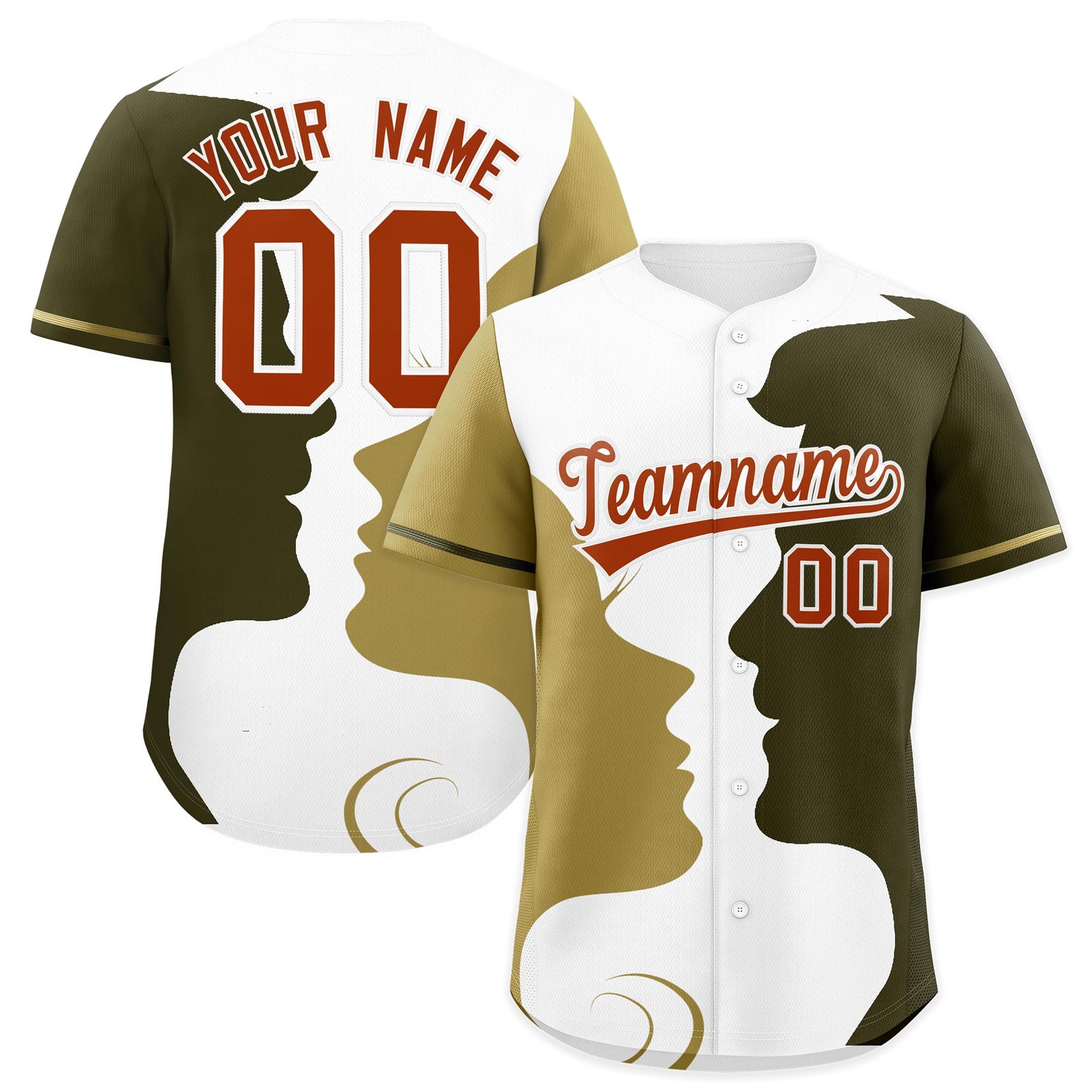 Custom Old Gold Olive White Silhouettes of Loving Couple Valentine's Day Baseball Jersey| KXKSHOP