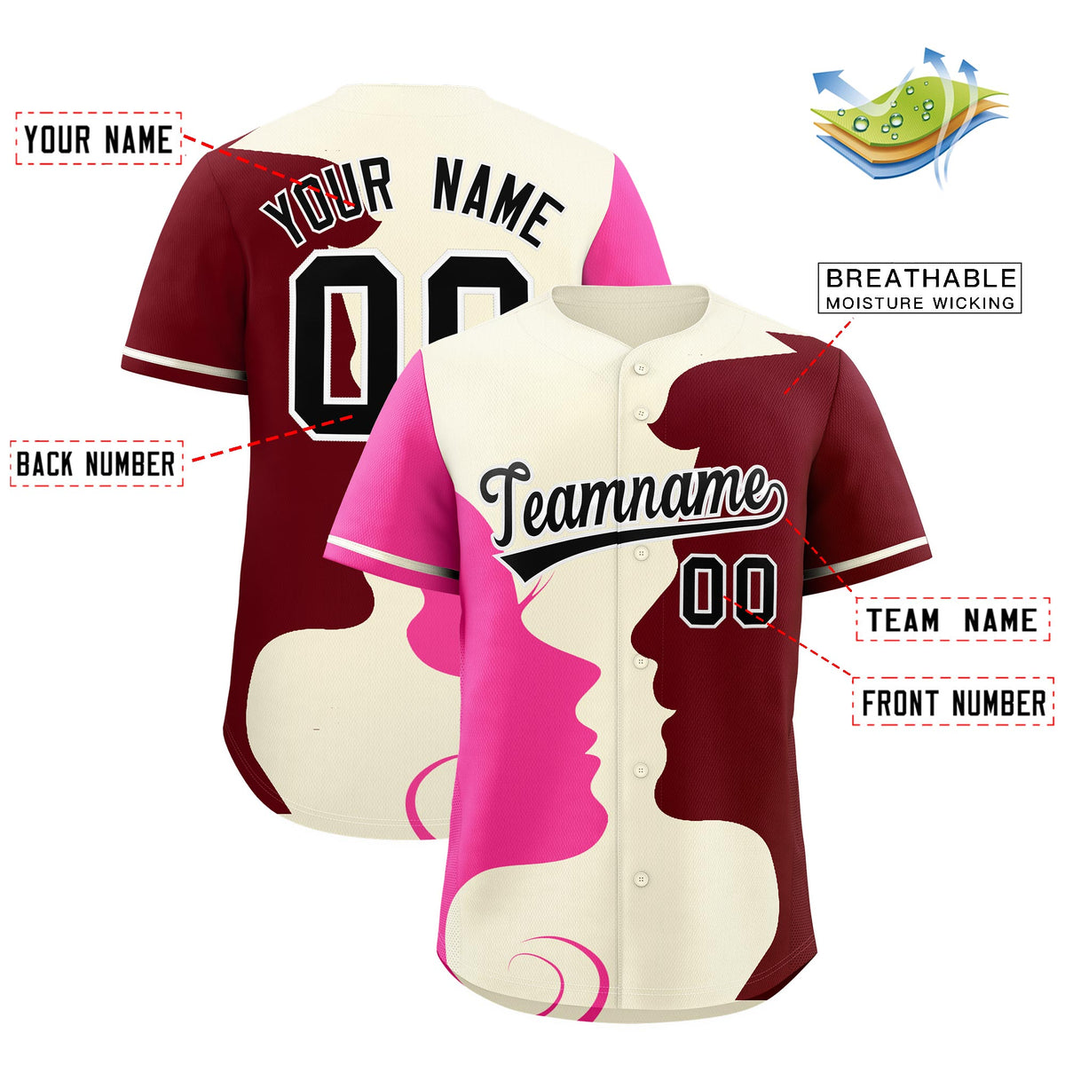 Custom Cream Crimson Rose Red Silhouettes of Loving Couple Valentine's Day Baseball Jersey| KXKSHOP