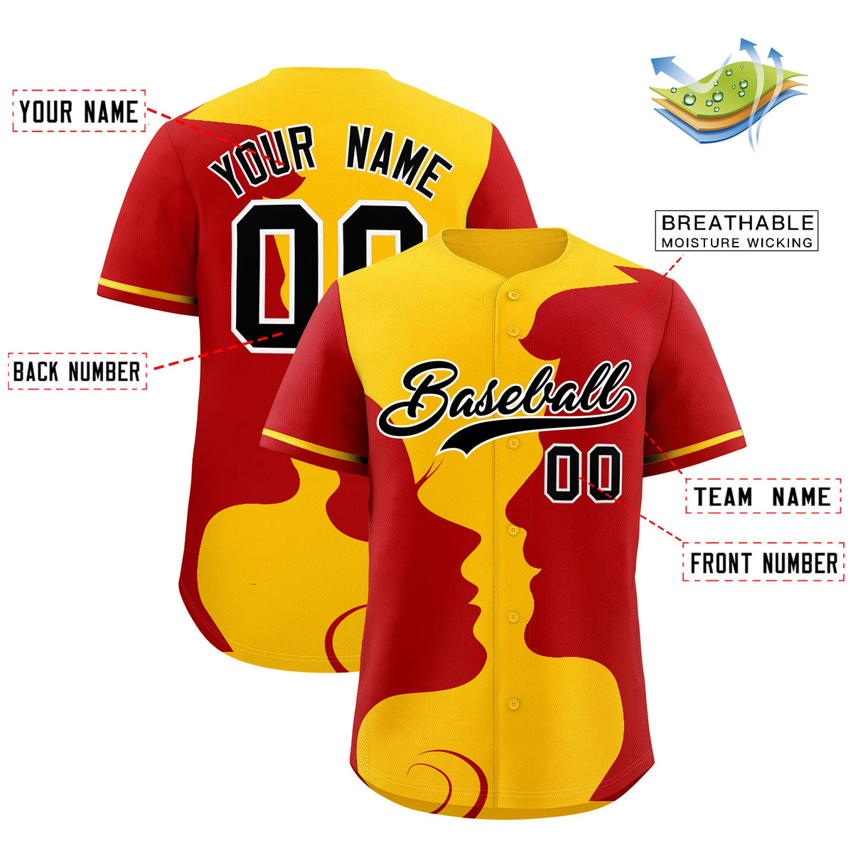 Custom Gold Red Silhouettes of Loving Couple Valentine's Day Baseball Jersey| KXKSHOP