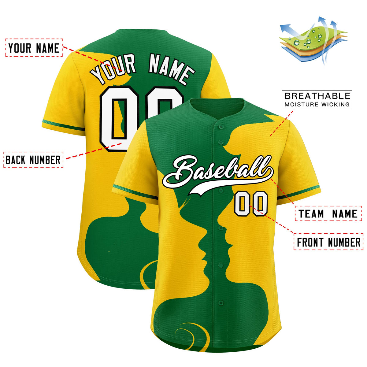 Custom Kelly Green Gold Silhouettes of Loving Couple Valentine's Day Baseball Jersey| KXKSHOP