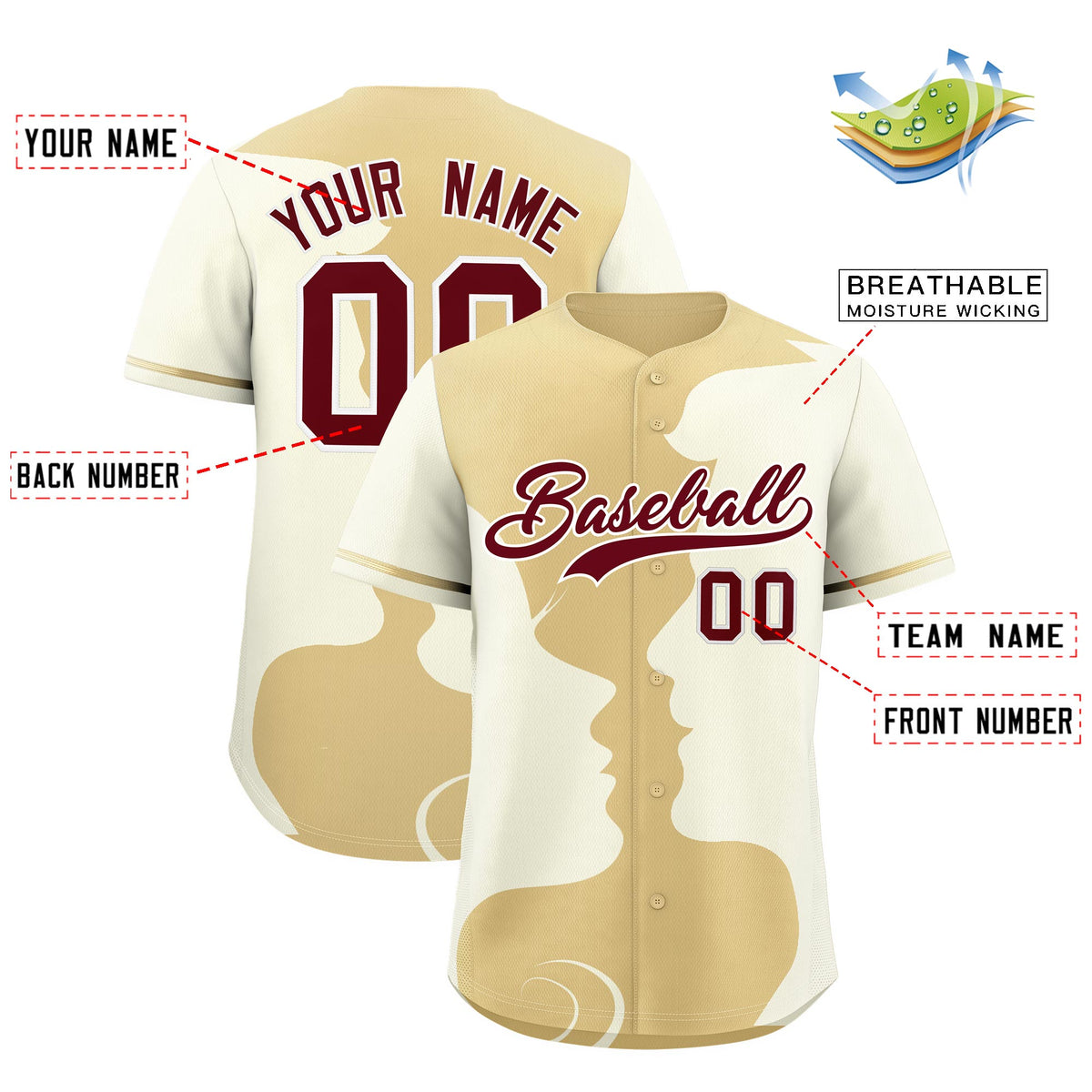 Custom Khaki Cream Silhouettes of Loving Couple Valentine's Day Baseball Jersey| KXKSHOP