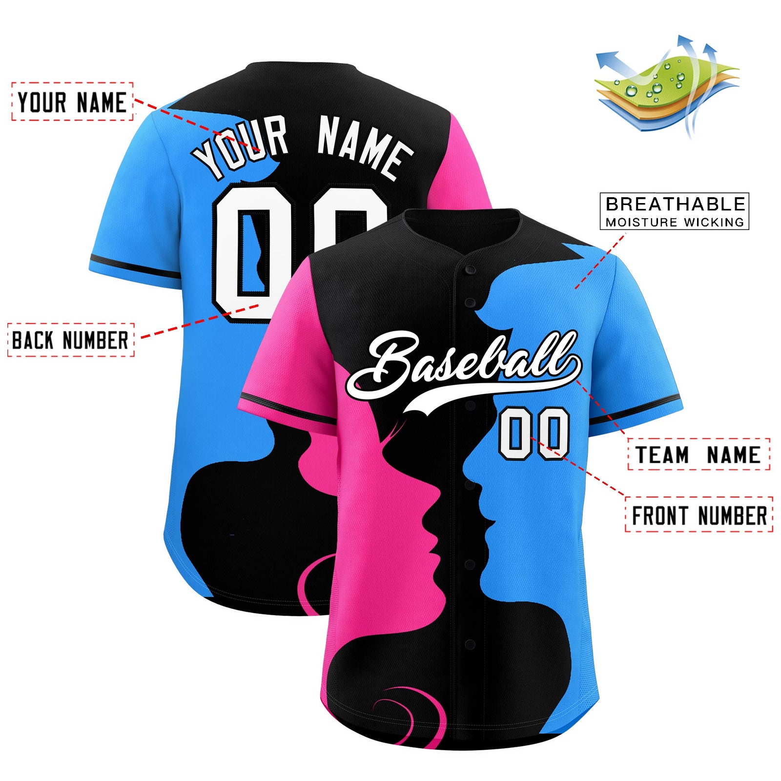 Custom Black Pink Powder Blue Silhouettes of Loving Couple Valentine's Day Baseball Jersey| KXKSHOP