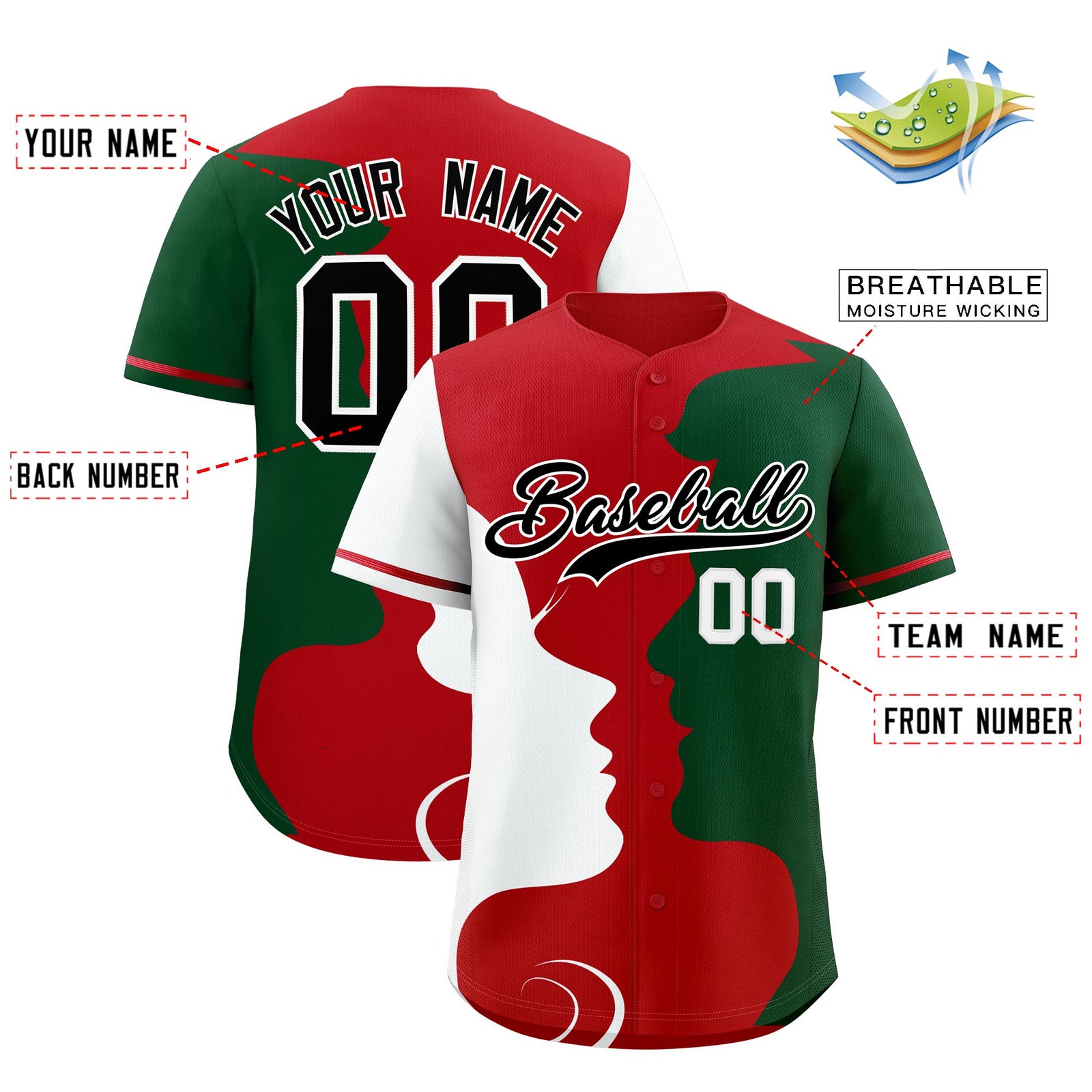 Custom Red White Green Silhouettes of Loving Couple Valentine's Day Baseball Jersey| KXKSHOP