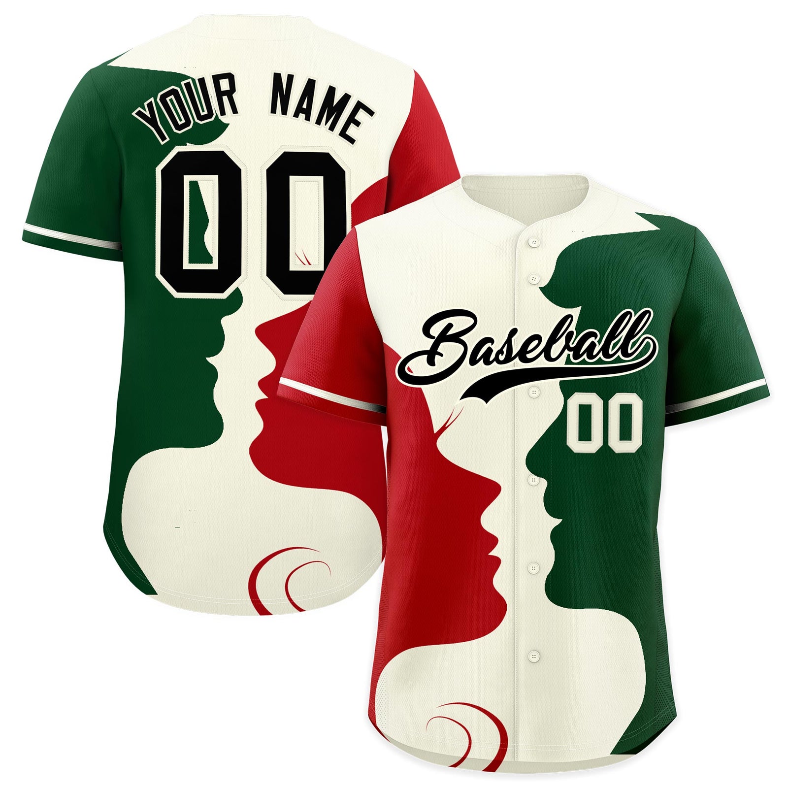 Custom Cream Red Green Silhouettes of Loving Couple Valentine's Day Baseball Jersey| KXKSHOP