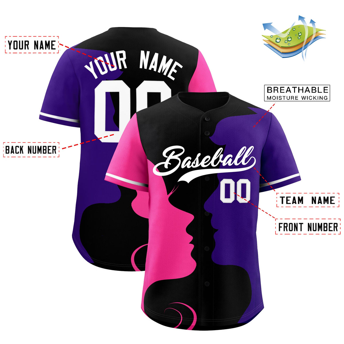 Custom White Pink Purple Silhouettes of Loving Couple Valentine's Day Baseball Jersey| KXKSHOP