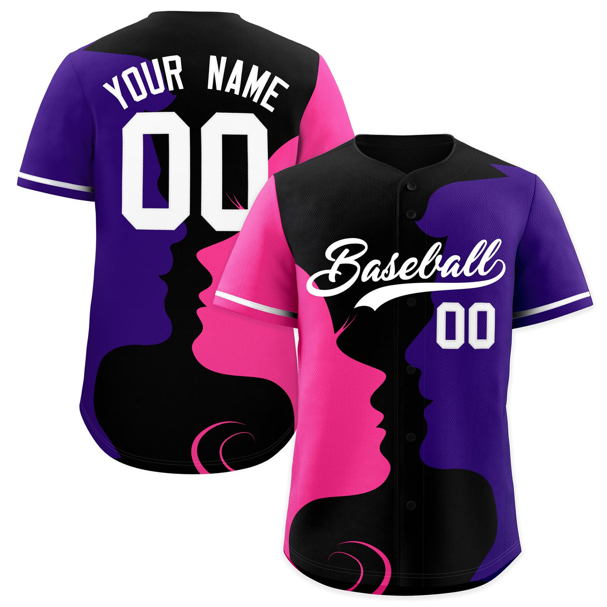 Custom White Pink Purple Silhouettes of Loving Couple Valentine's Day Baseball Jersey| KXKSHOP