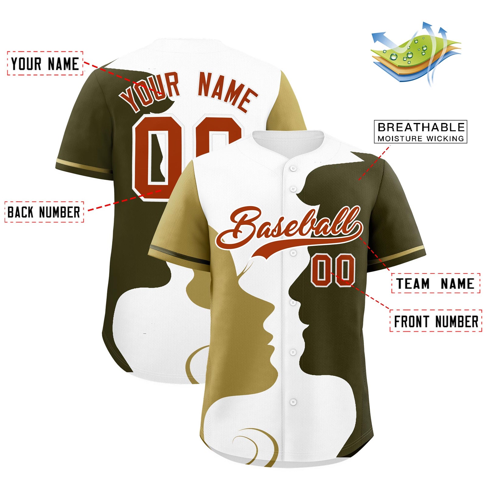 Custom Old Gold Olive White Silhouettes of Loving Couple Valentine's Day Baseball Jersey| KXKSHOP