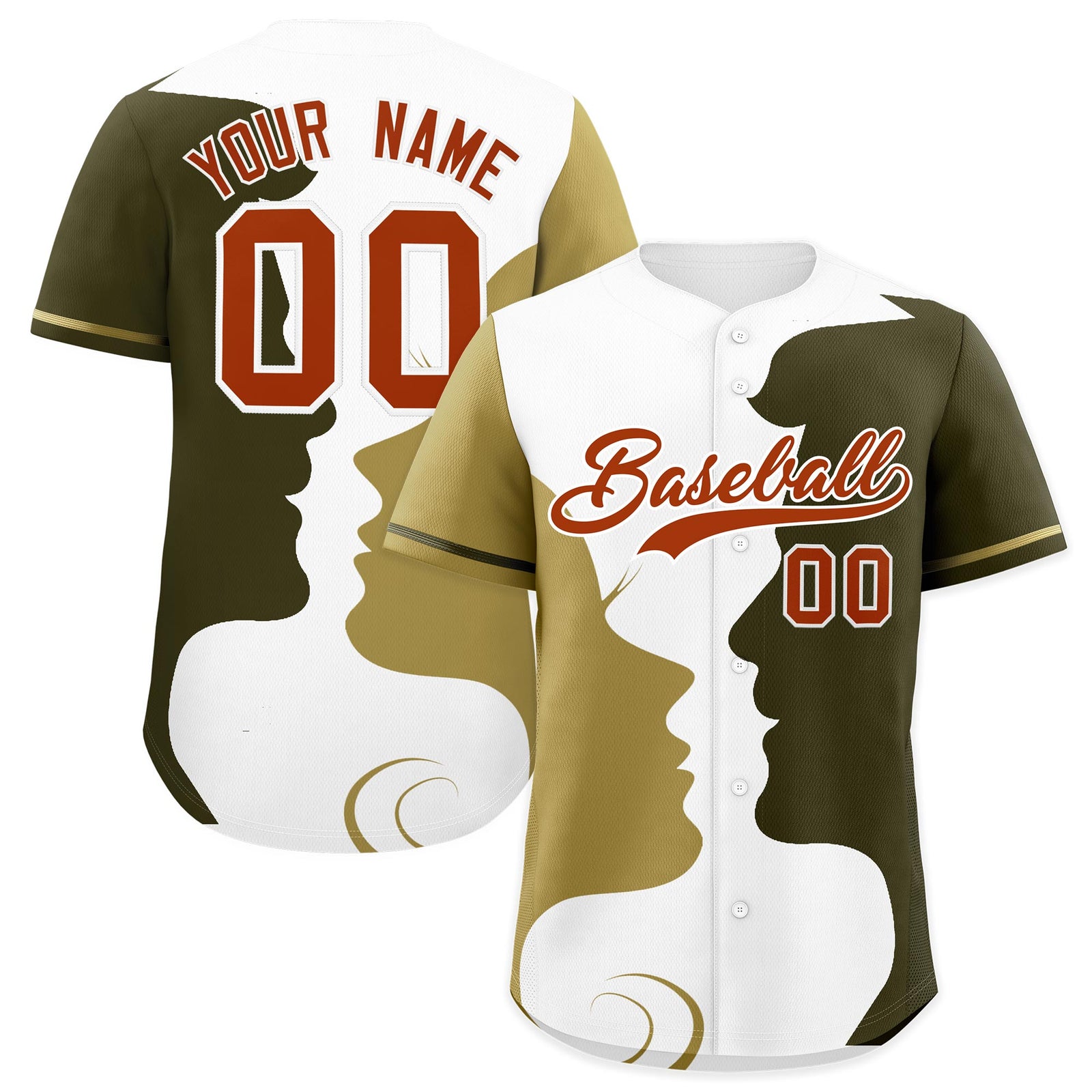 Custom Old Gold Olive White Silhouettes of Loving Couple Valentine's Day Baseball Jersey| KXKSHOP