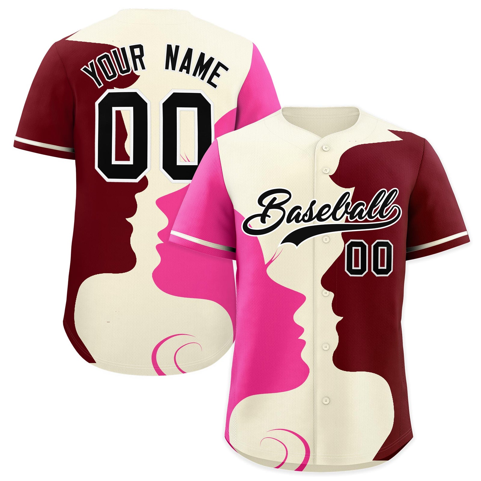 Custom Cream Crimson Rose Red Silhouettes of Loving Couple Valentine's Day Baseball Jersey| KXKSHOP
