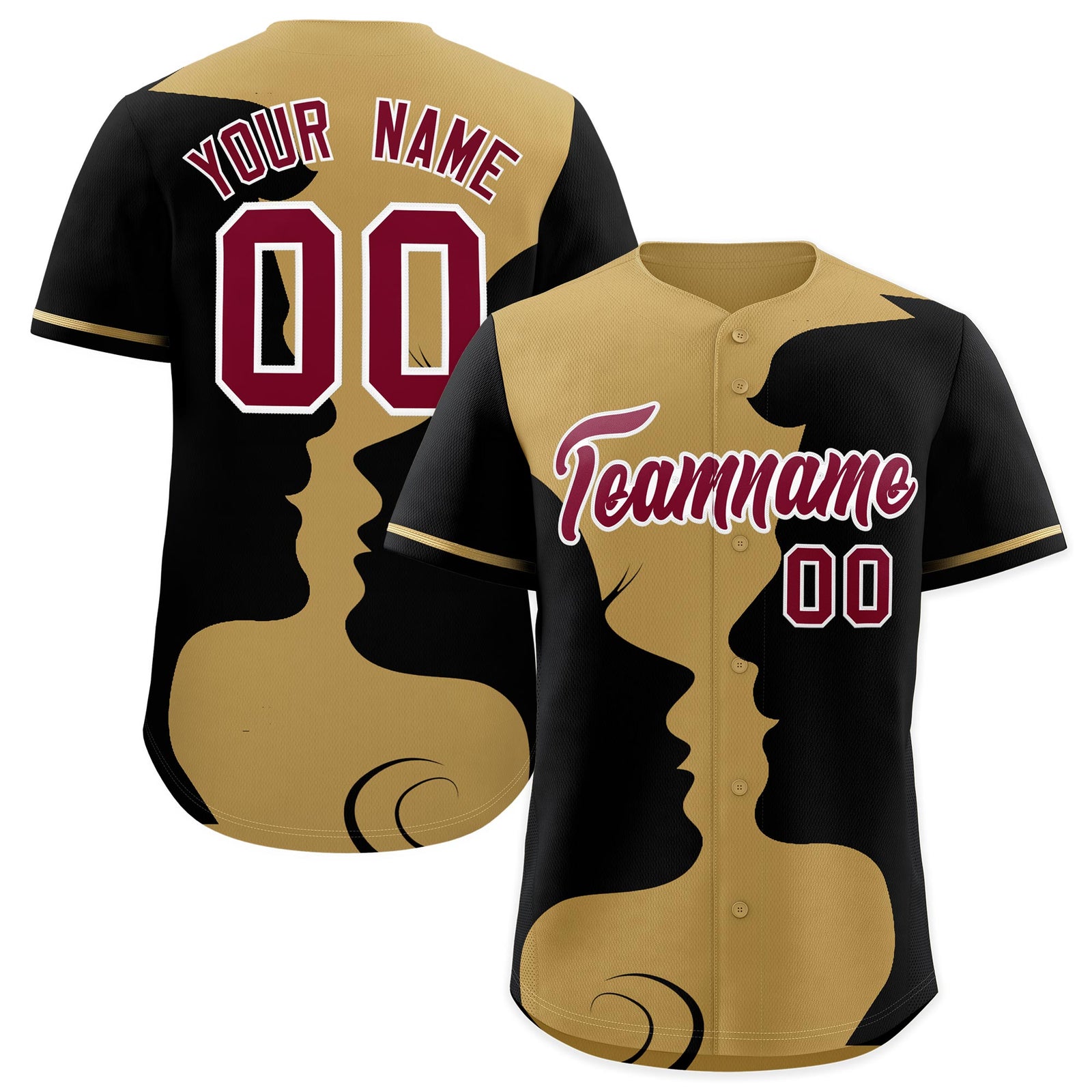 Custom Old Gold Black Silhouettes of Loving Couple Valentine's Day Baseball Jersey| KXKSHOP
