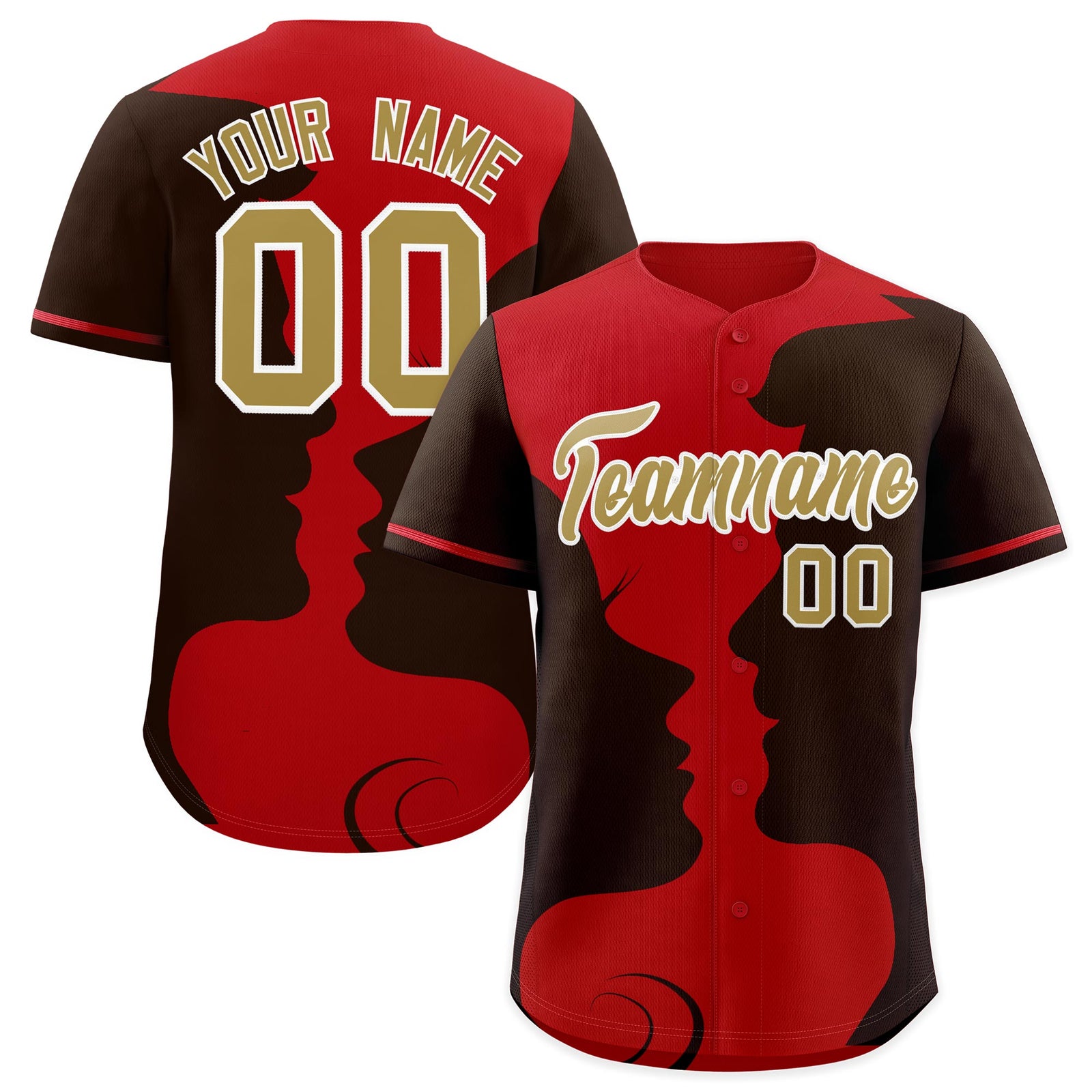 Custom Red Brown Silhouettes of Loving Couple Valentine's Day Baseball Jersey| KXKSHOP