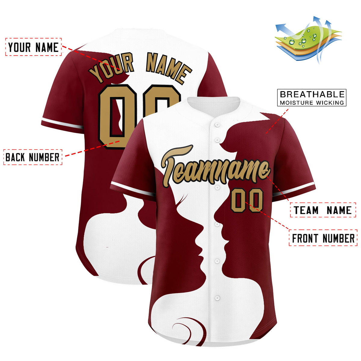 Custom White Crimson Silhouettes of Loving Couple Valentine's Day Baseball Jersey| KXKSHOP