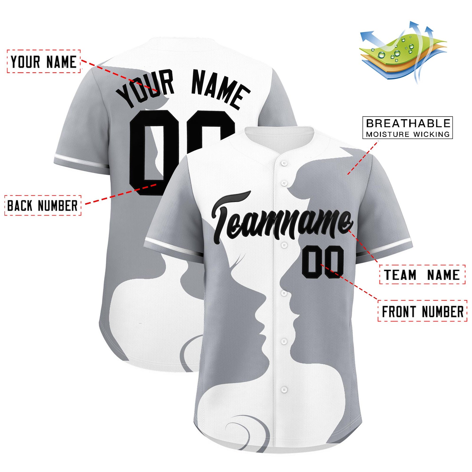 Custom White Gray Silhouettes of Loving Couple Valentine's Day Baseball Jersey| KXKSHOP