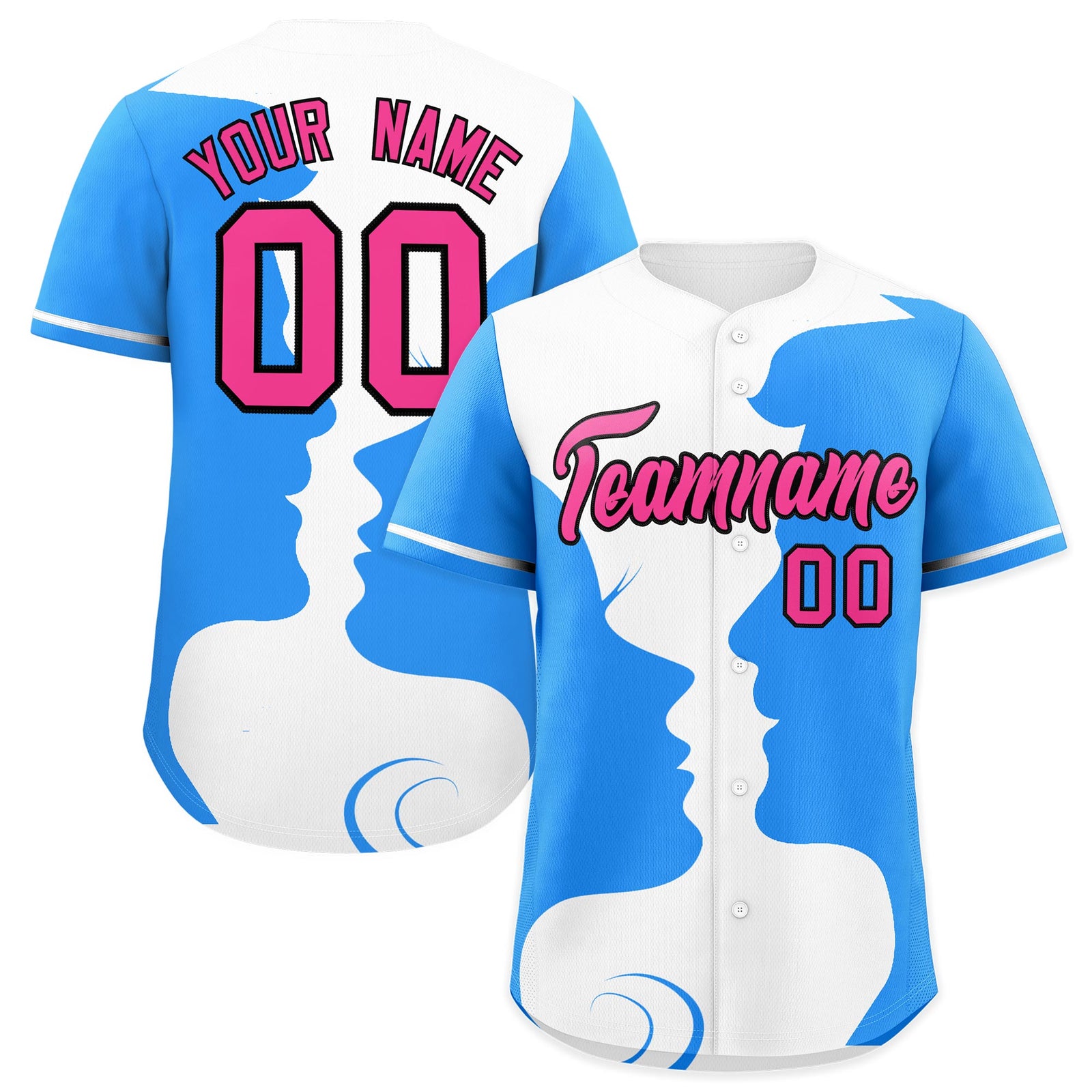 Custom White Powder Blue Silhouettes of Loving Couple Valentine's Day Baseball Jersey| KXKSHOP