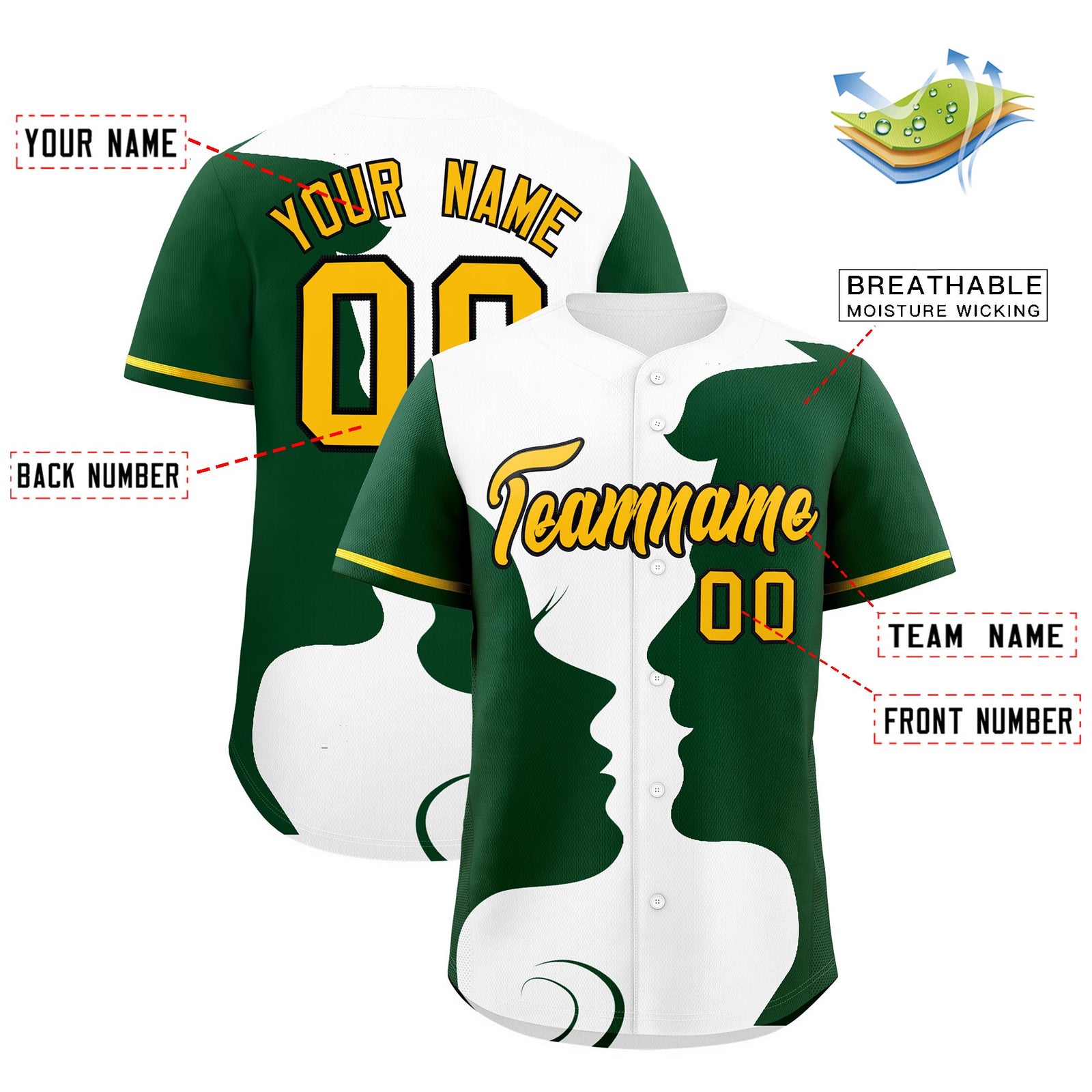 Custom Gold Green White Silhouettes of Loving Couple Valentine's Day Baseball Jersey| KXKSHOP